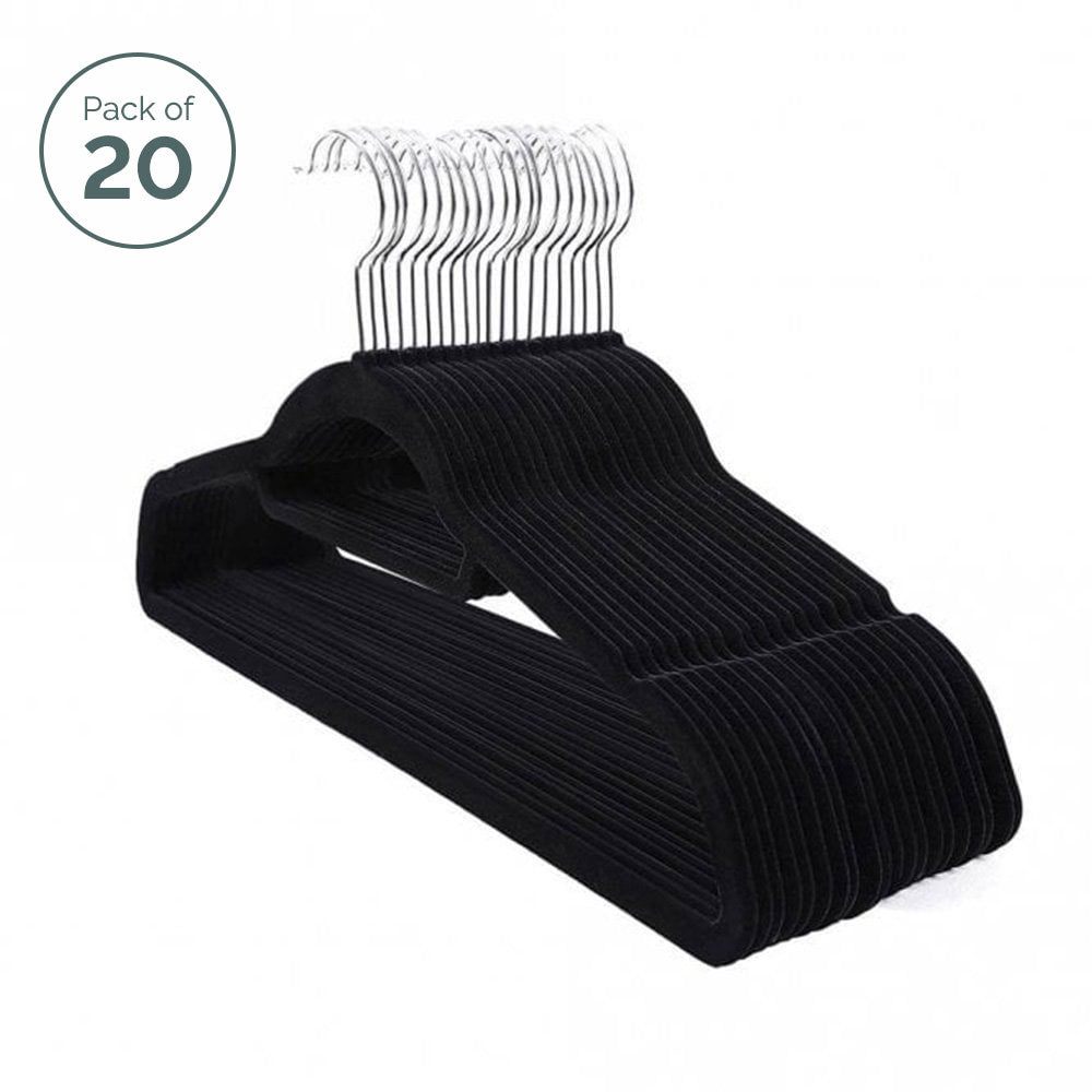 Set of 20 sleek black velvet hangers featuring a non-slip surface to prevent garments from slipping.
