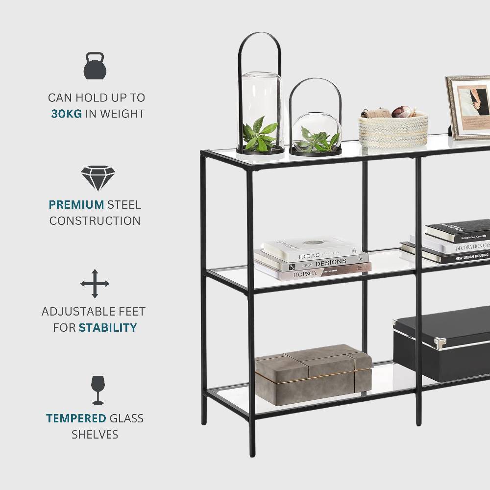 Modern three-tier black console table, designed for a minimalist yet functional storage solution.
