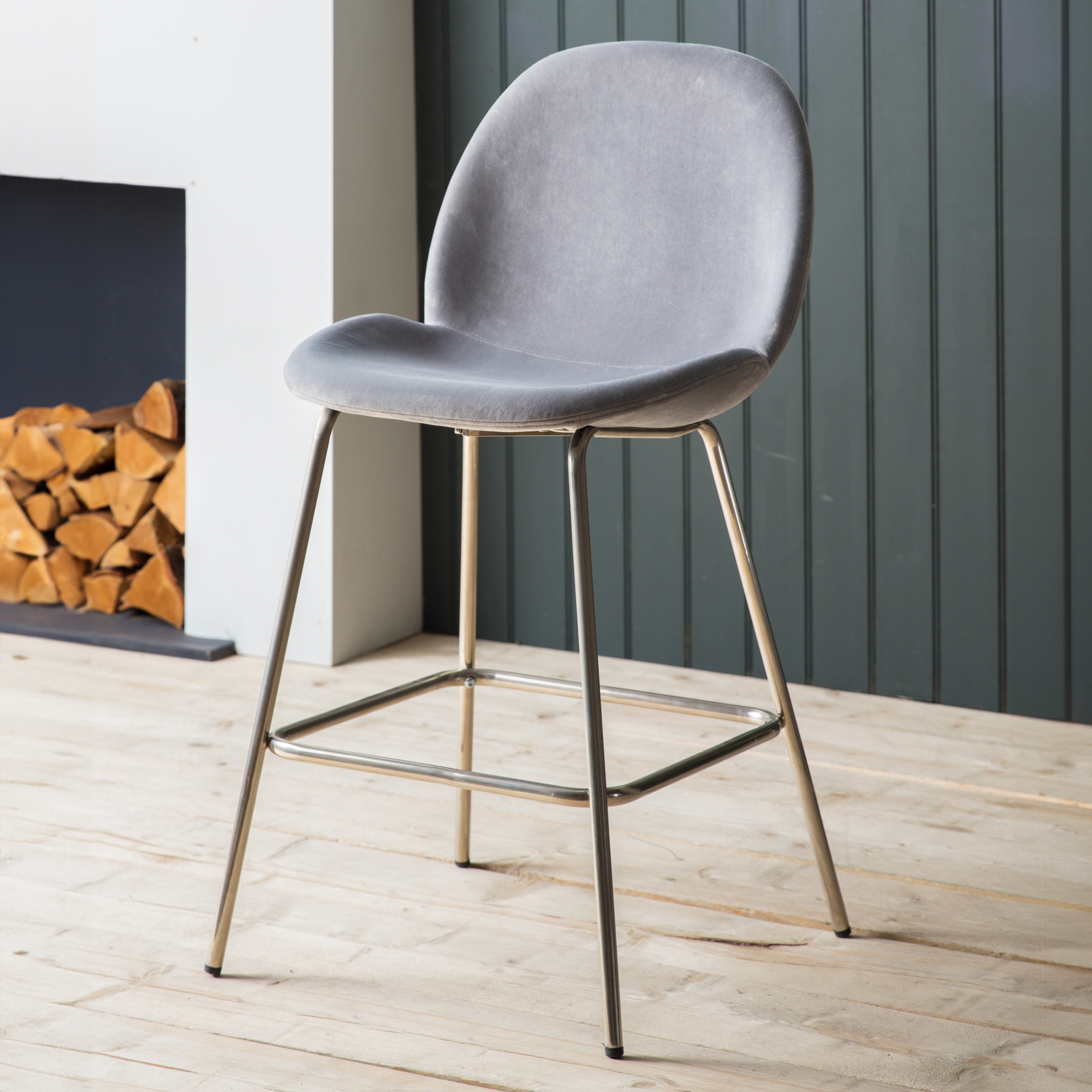 Pair of Contemporary Light Grey Velvet Bar Stools