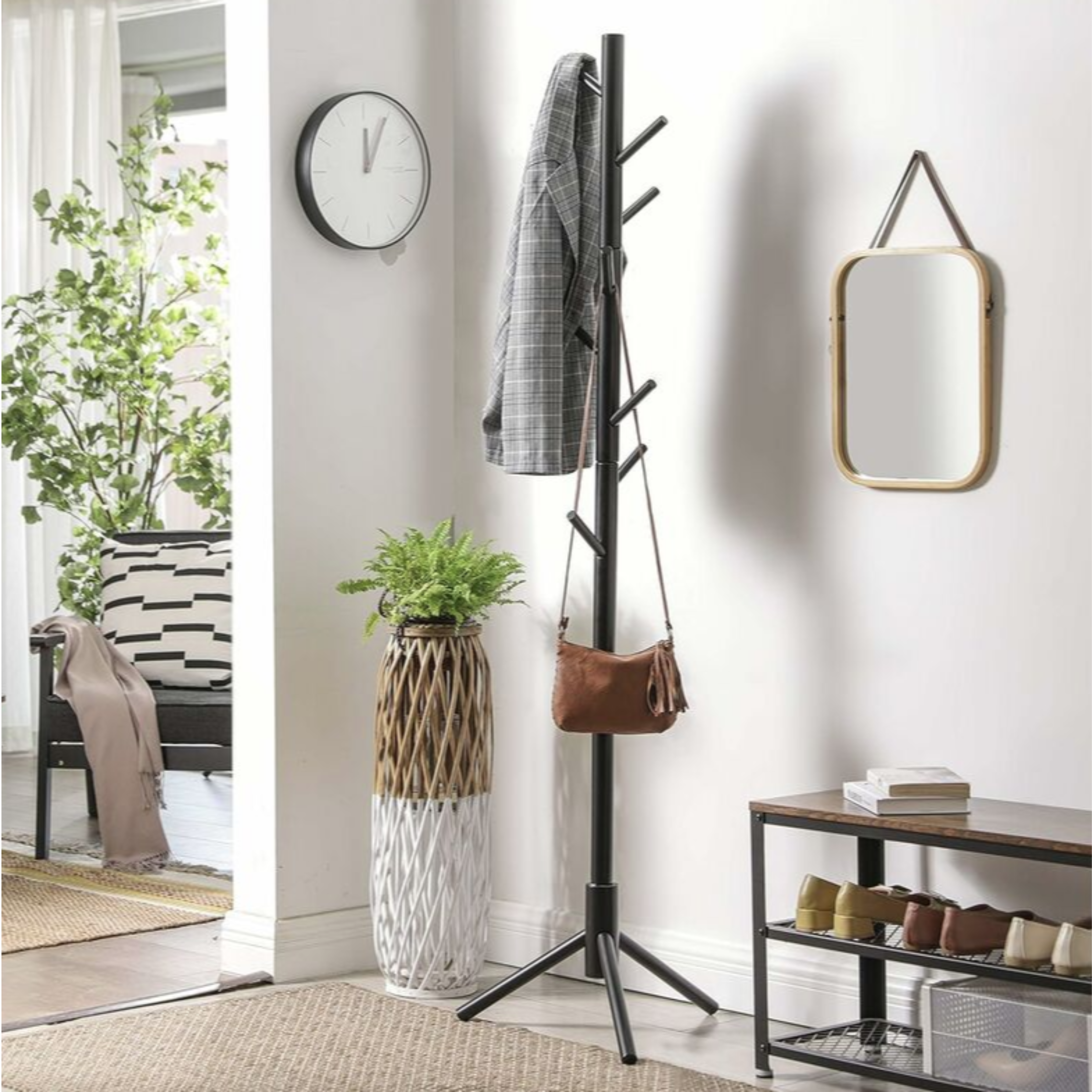 Black Height Adjustable Wooden Hat and Coat Hanger Stand with 8 Hooks