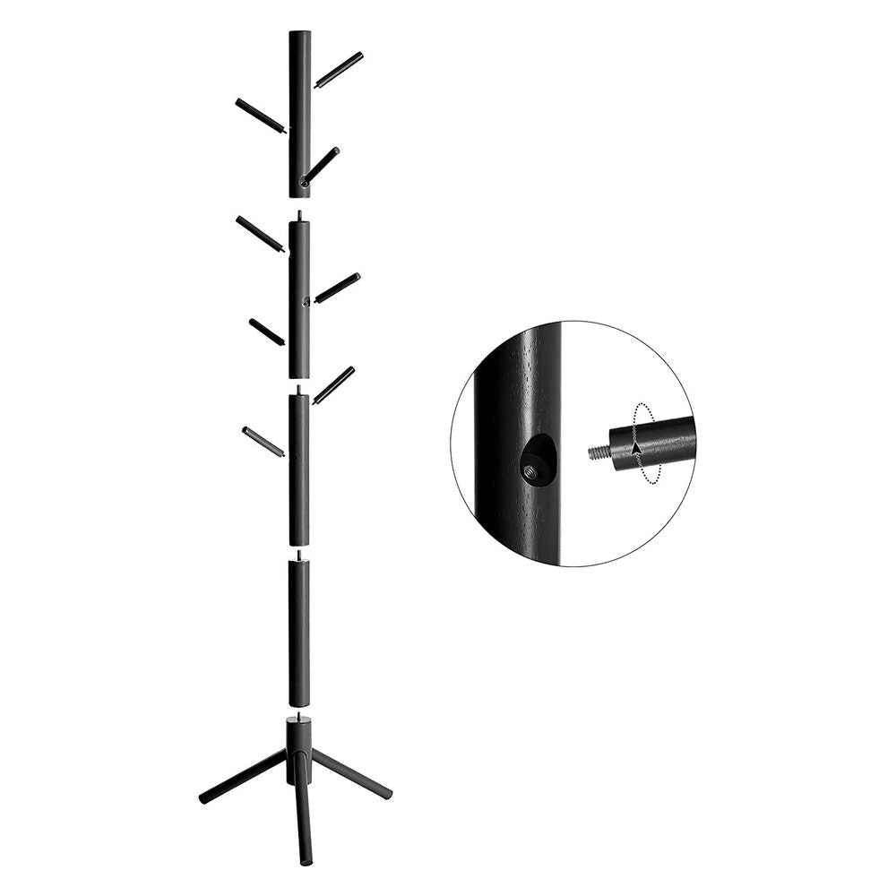 Black Height Adjustable Wooden Hat and Coat Hanger Stand with 8 Hooks