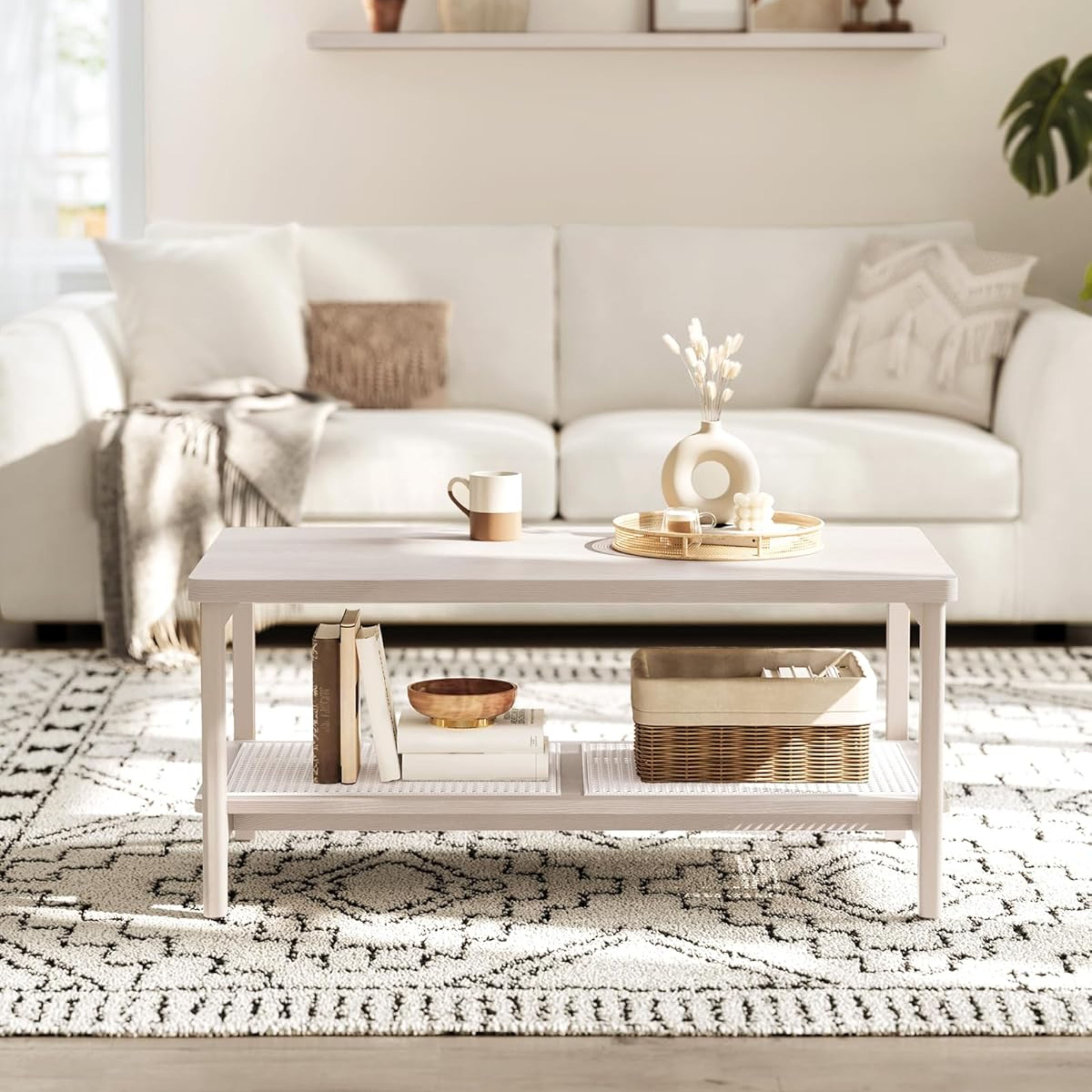 Light Wood Coffee Table with Rattan Shelf