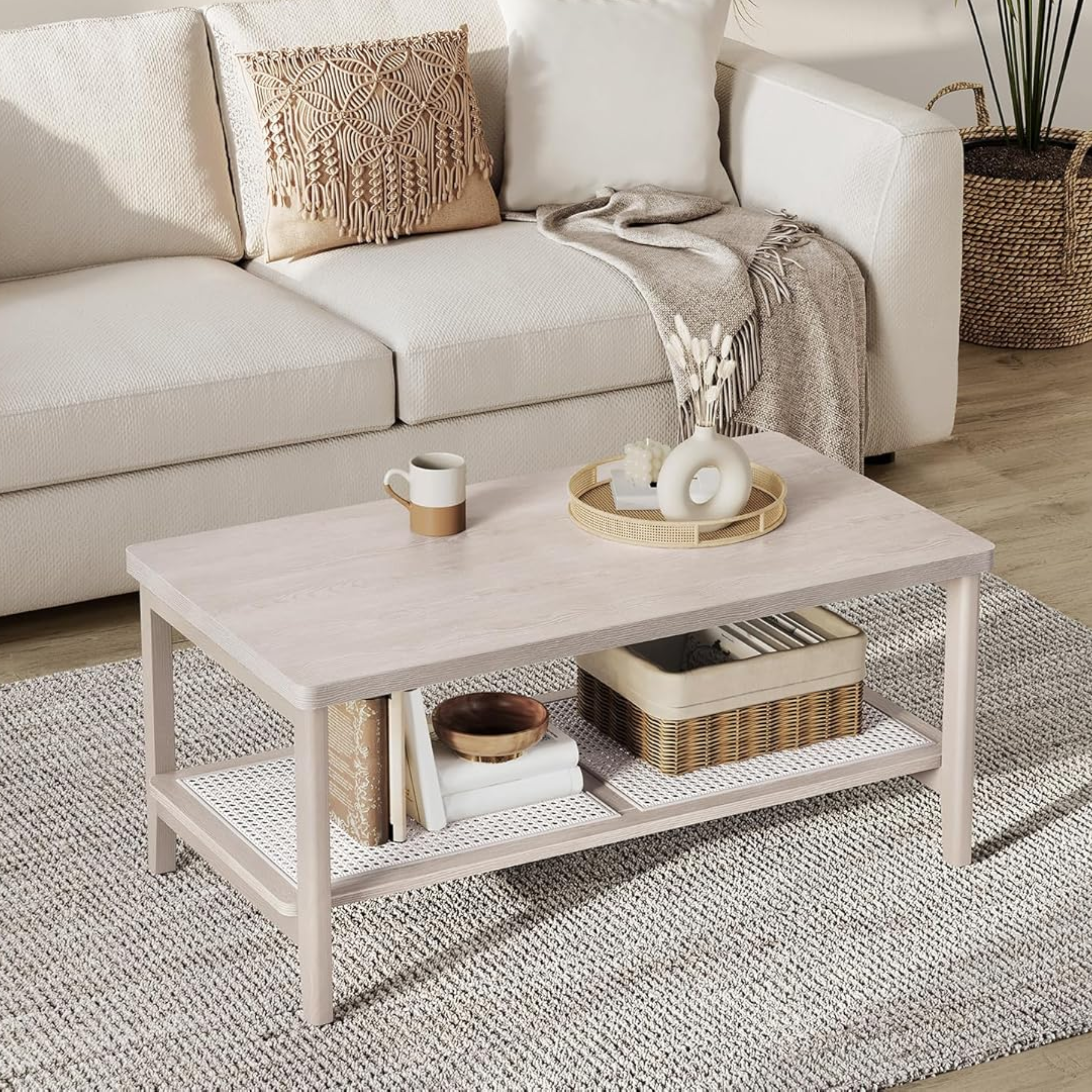 Light Wood Coffee Table with Rattan Shelf