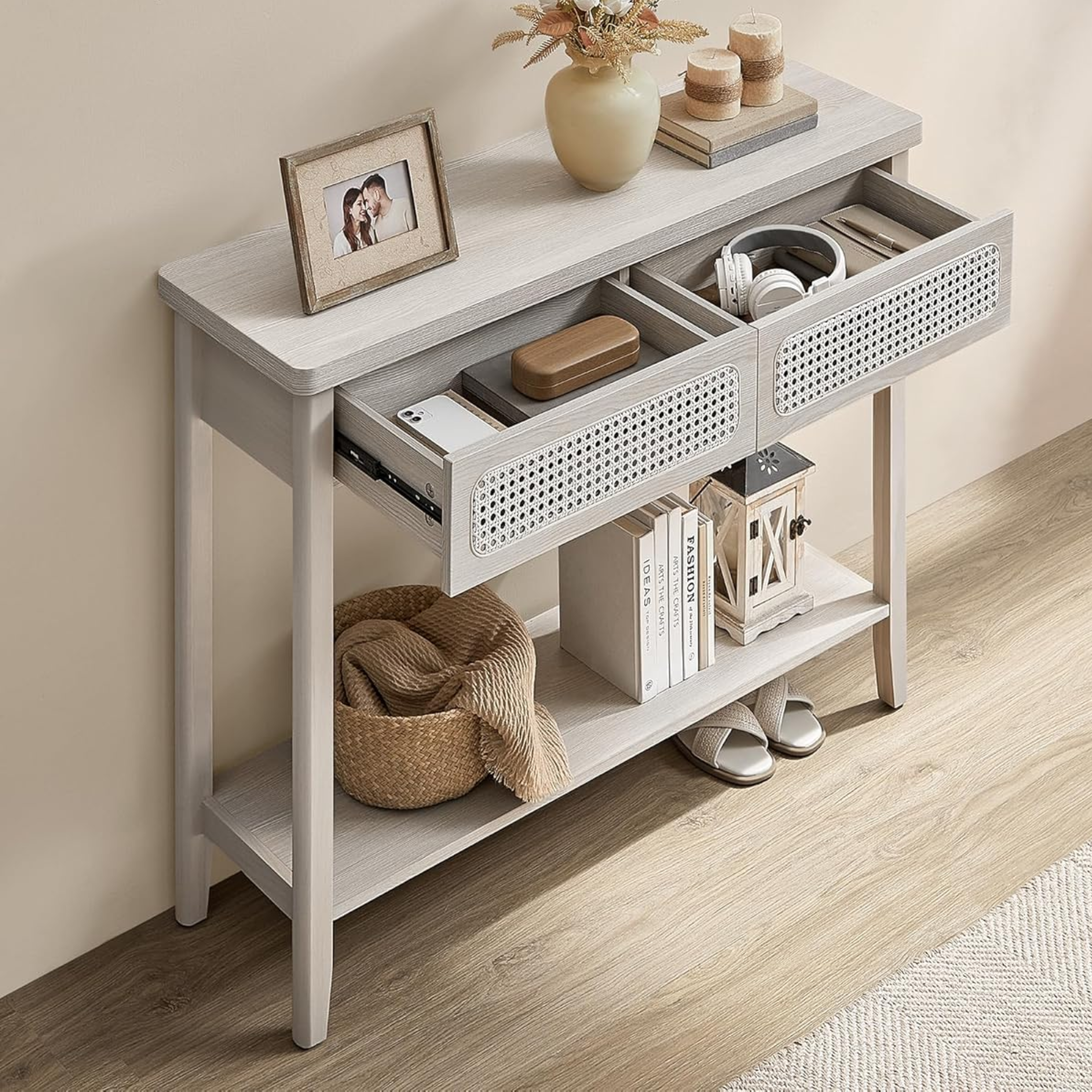 Light Wood Rattan Narrow Console Table