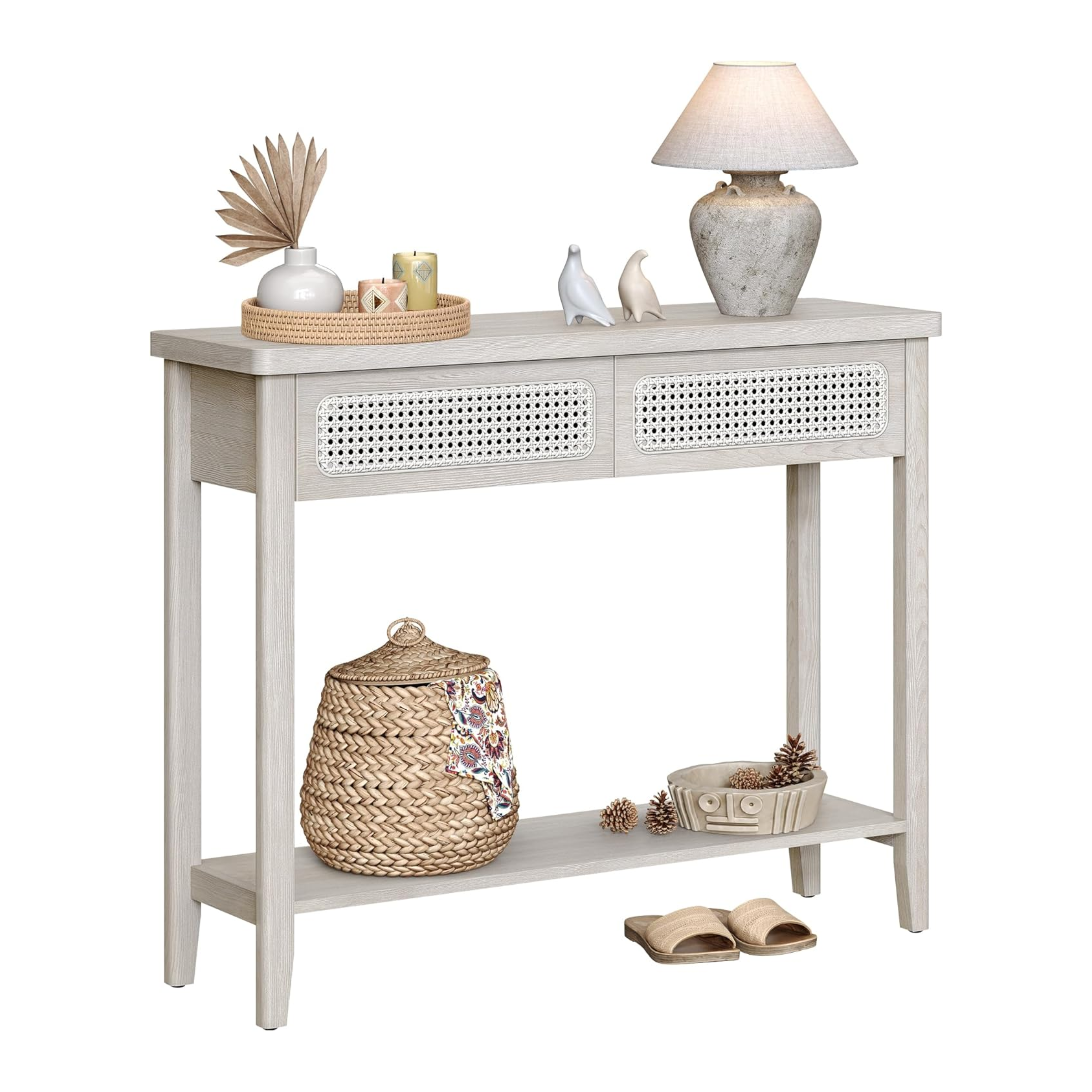 Light Wood Rattan Narrow Console Table