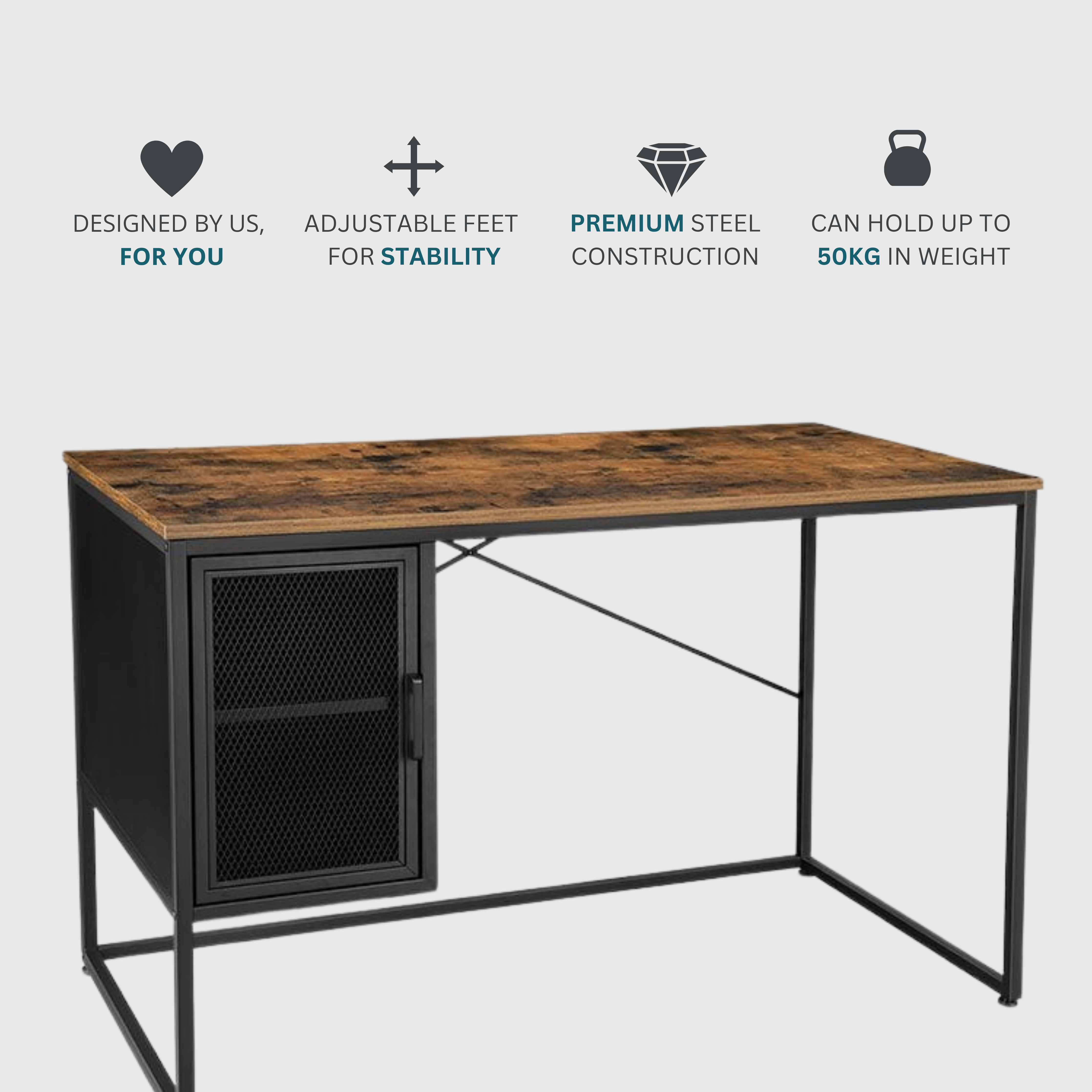 Industrial Rustic Brown Desk with Storage Cabinet