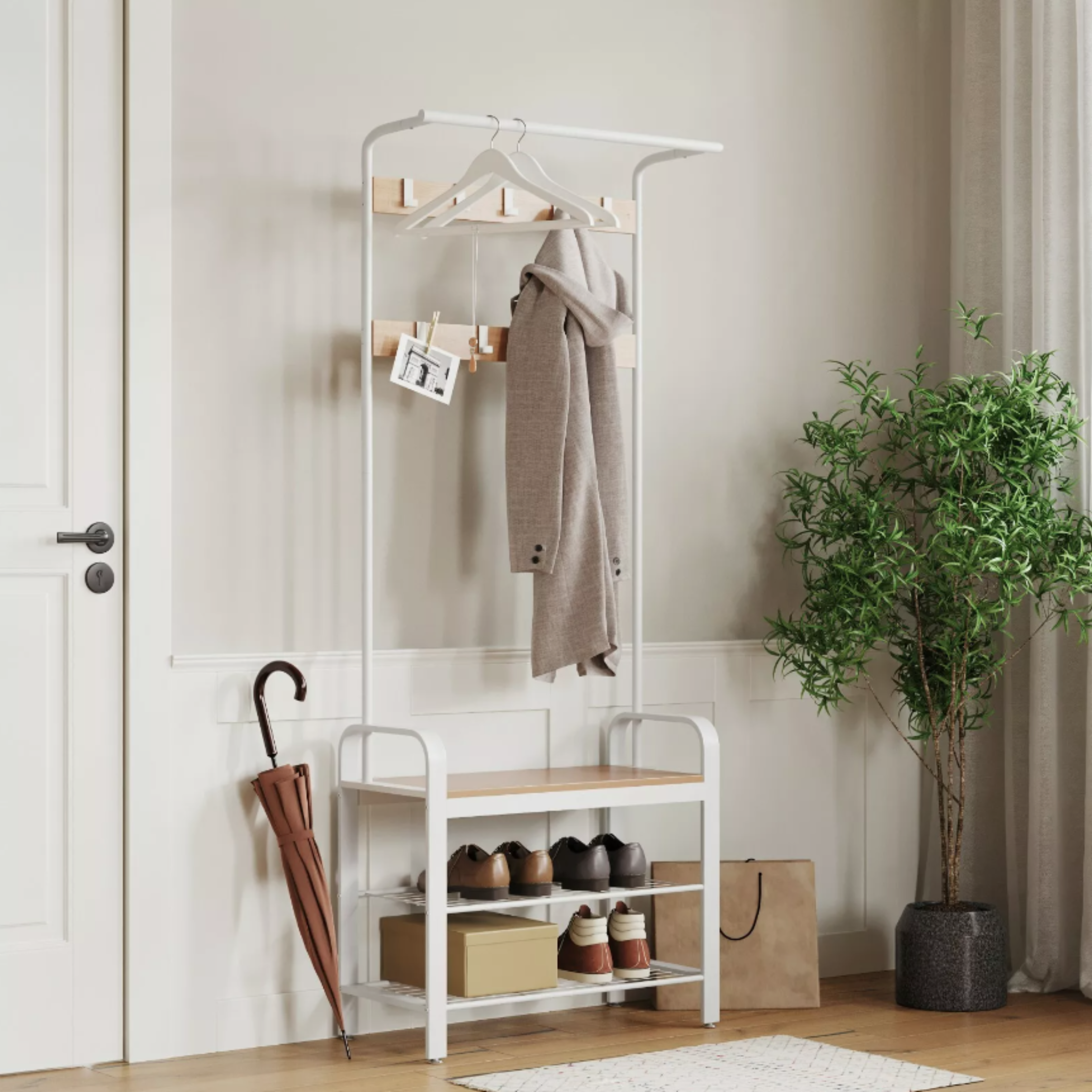 Cream Steel Hallway Unit with Clothes Rail and Hooks