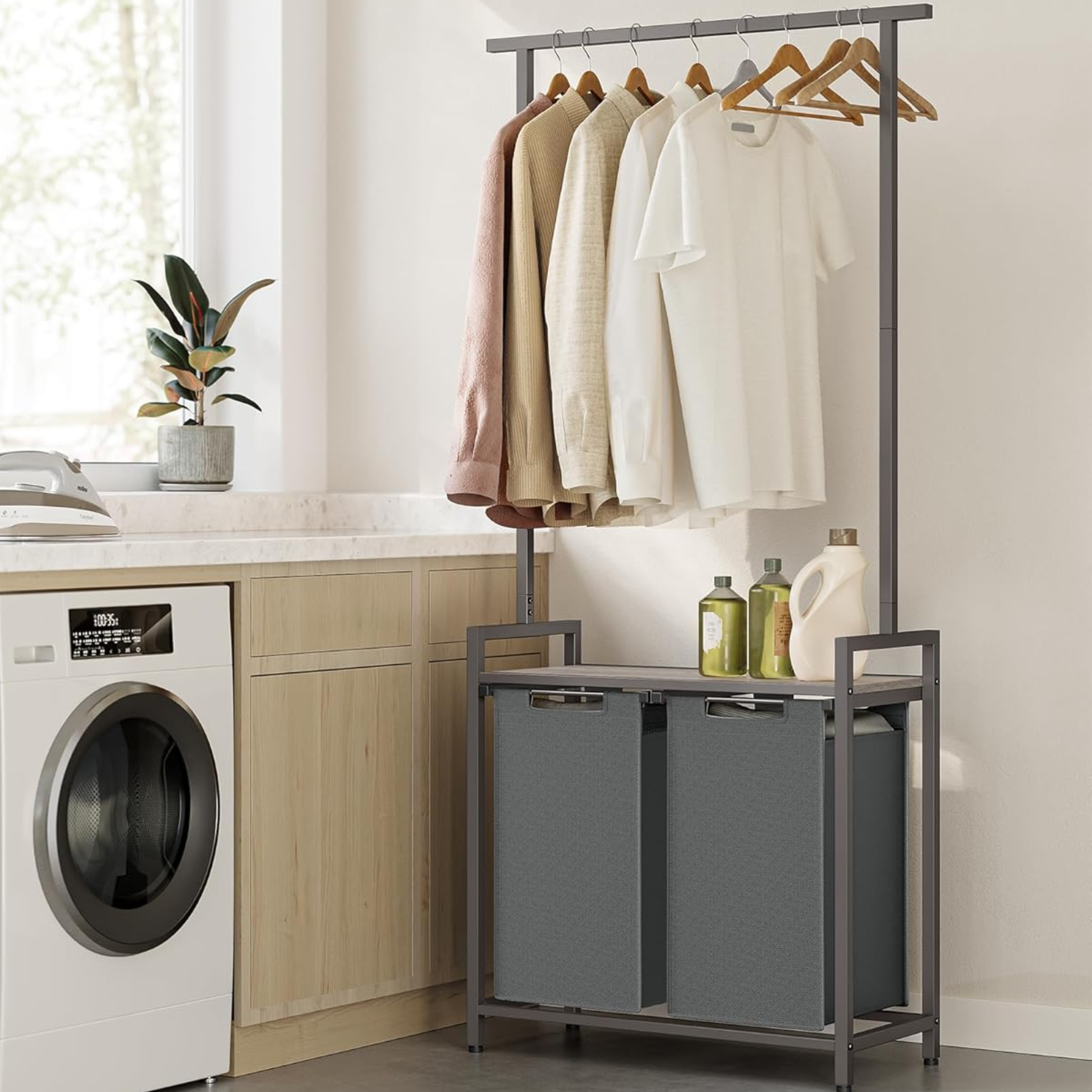 Grey 2-Compartment Laundry Hamper with Storage Shelf and Clothes Rail