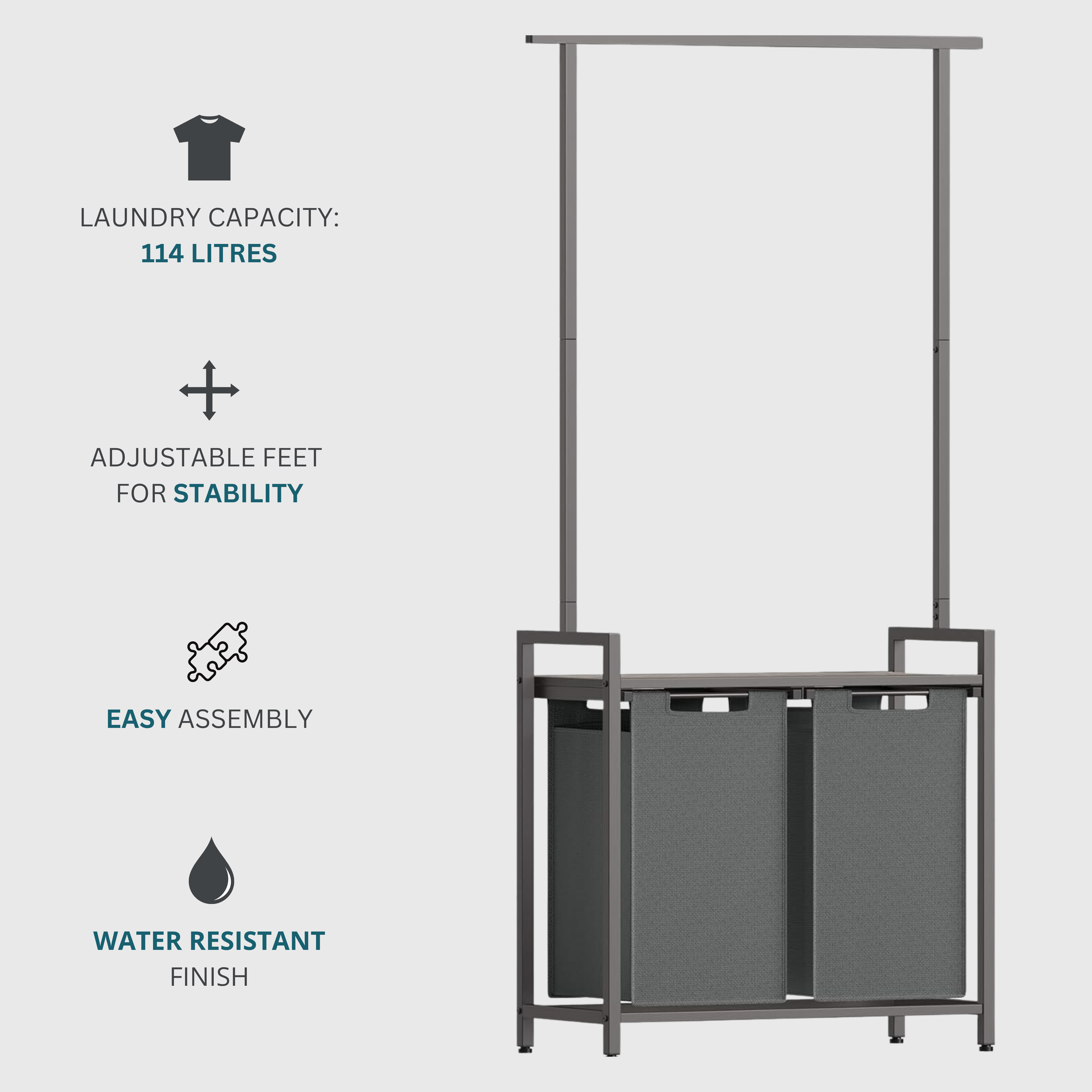 Grey 2-Compartment Laundry Hamper with Storage Shelf and Clothes Rail