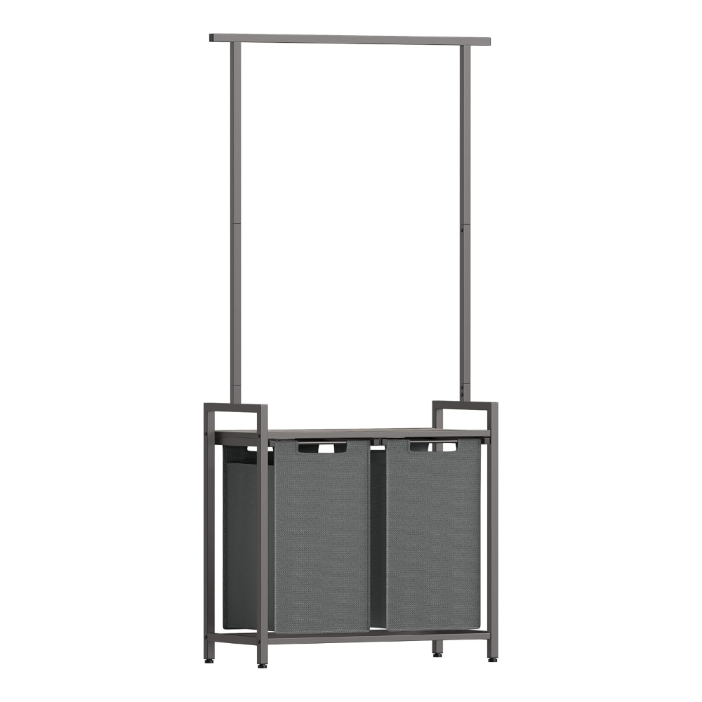 Grey 2-Compartment Laundry Hamper with Storage Shelf and Clothes Rail