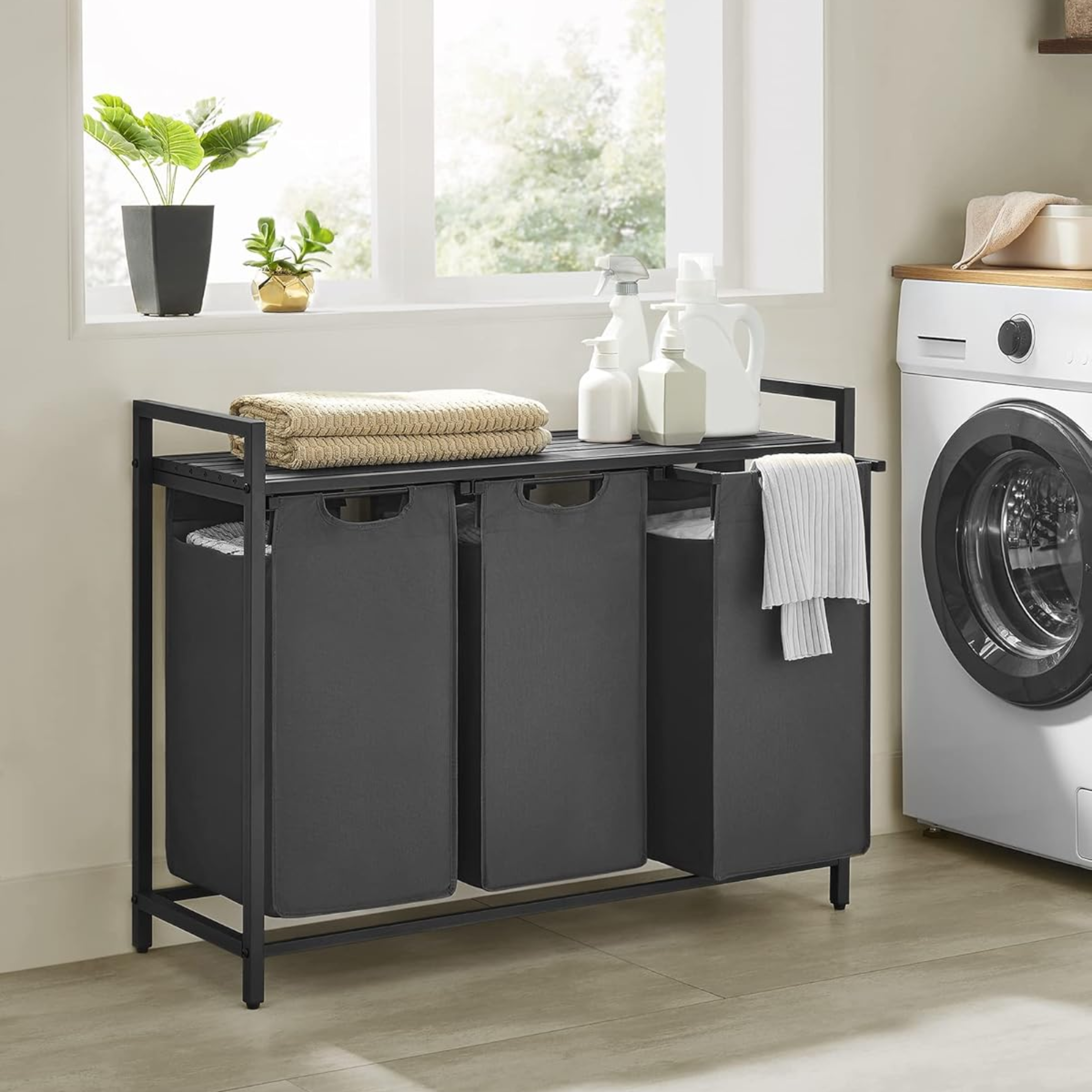 Black 3-Compartment Laundry Hamper with Shelf