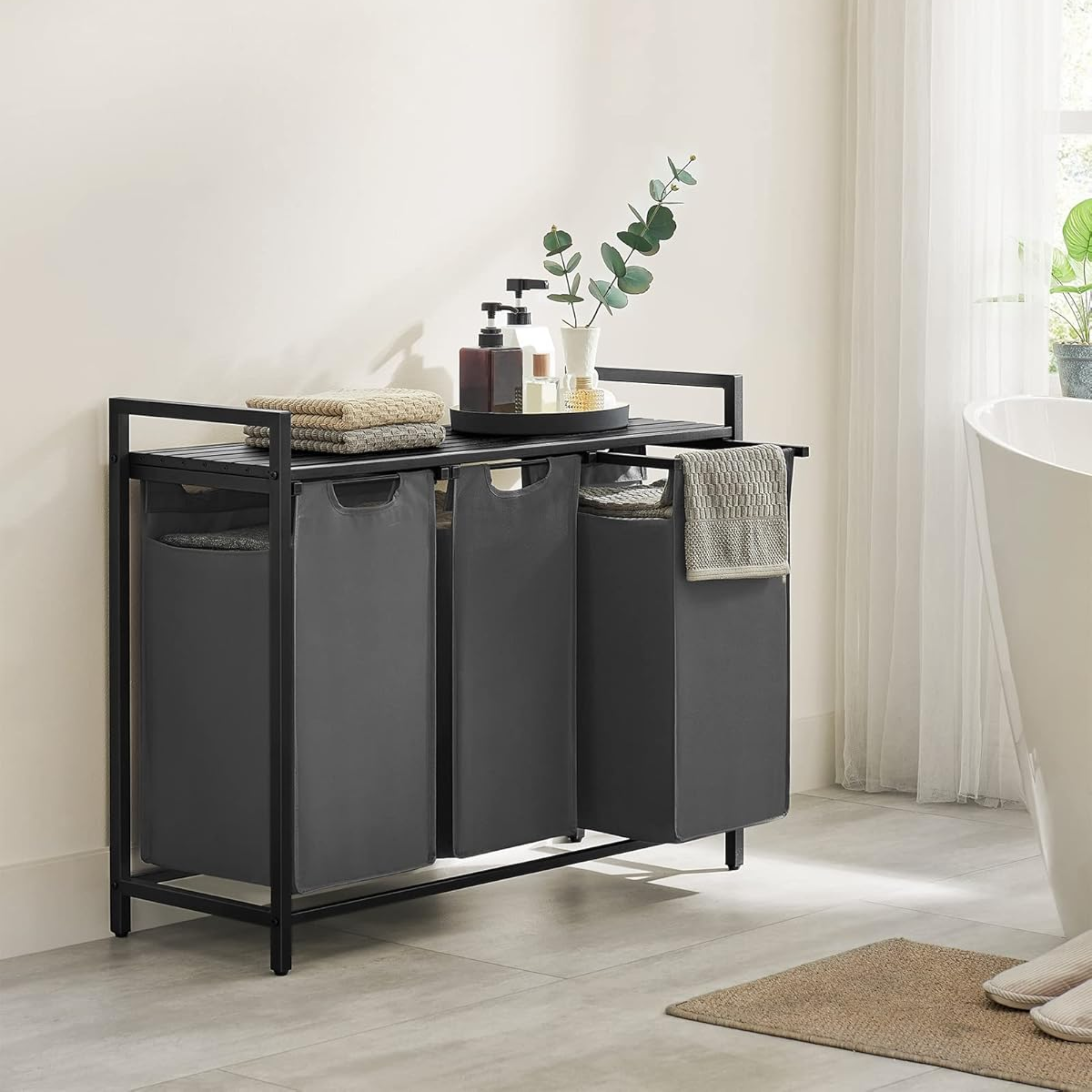 Black 3-Compartment Laundry Hamper with Shelf