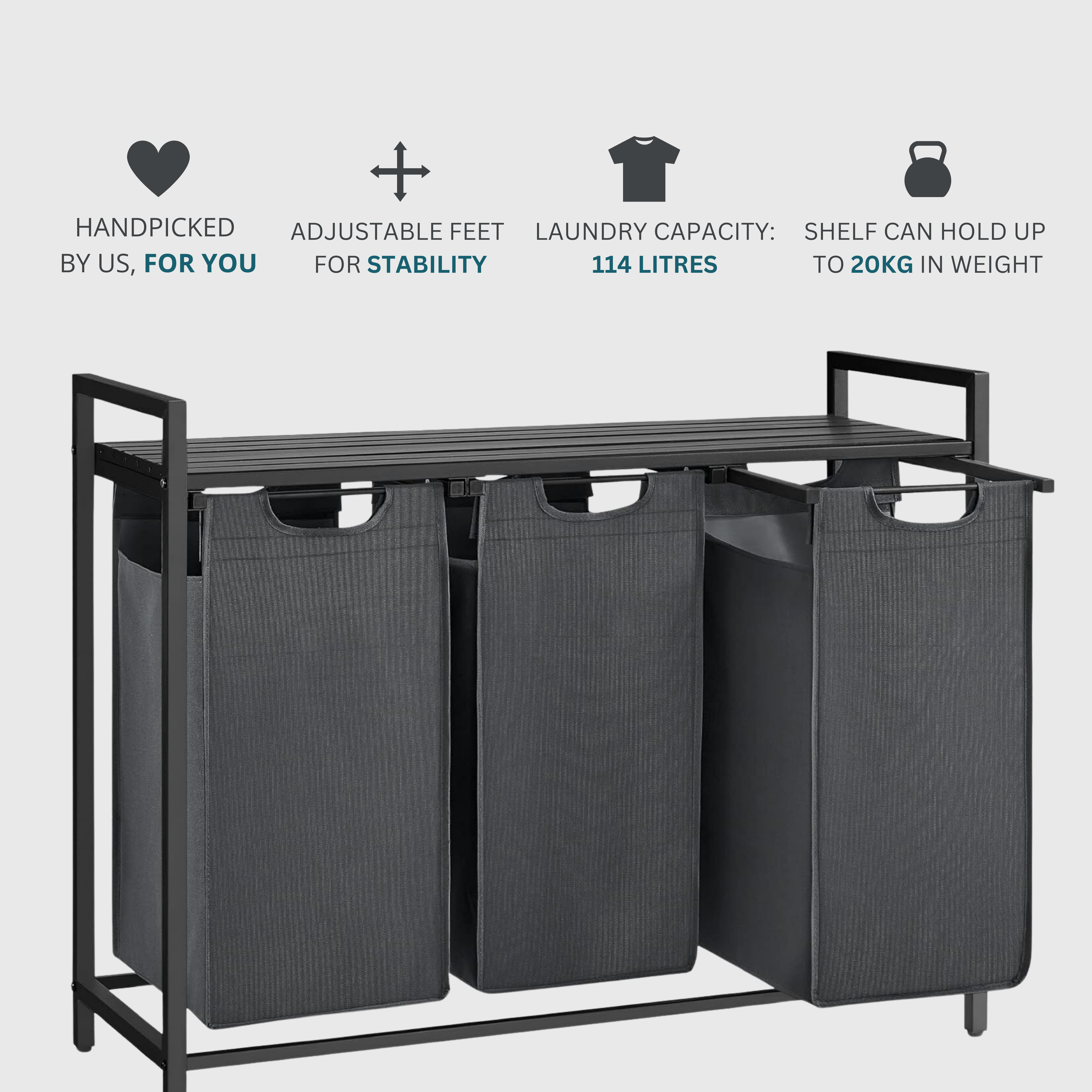 Black 3-Compartment Laundry Hamper with Shelf