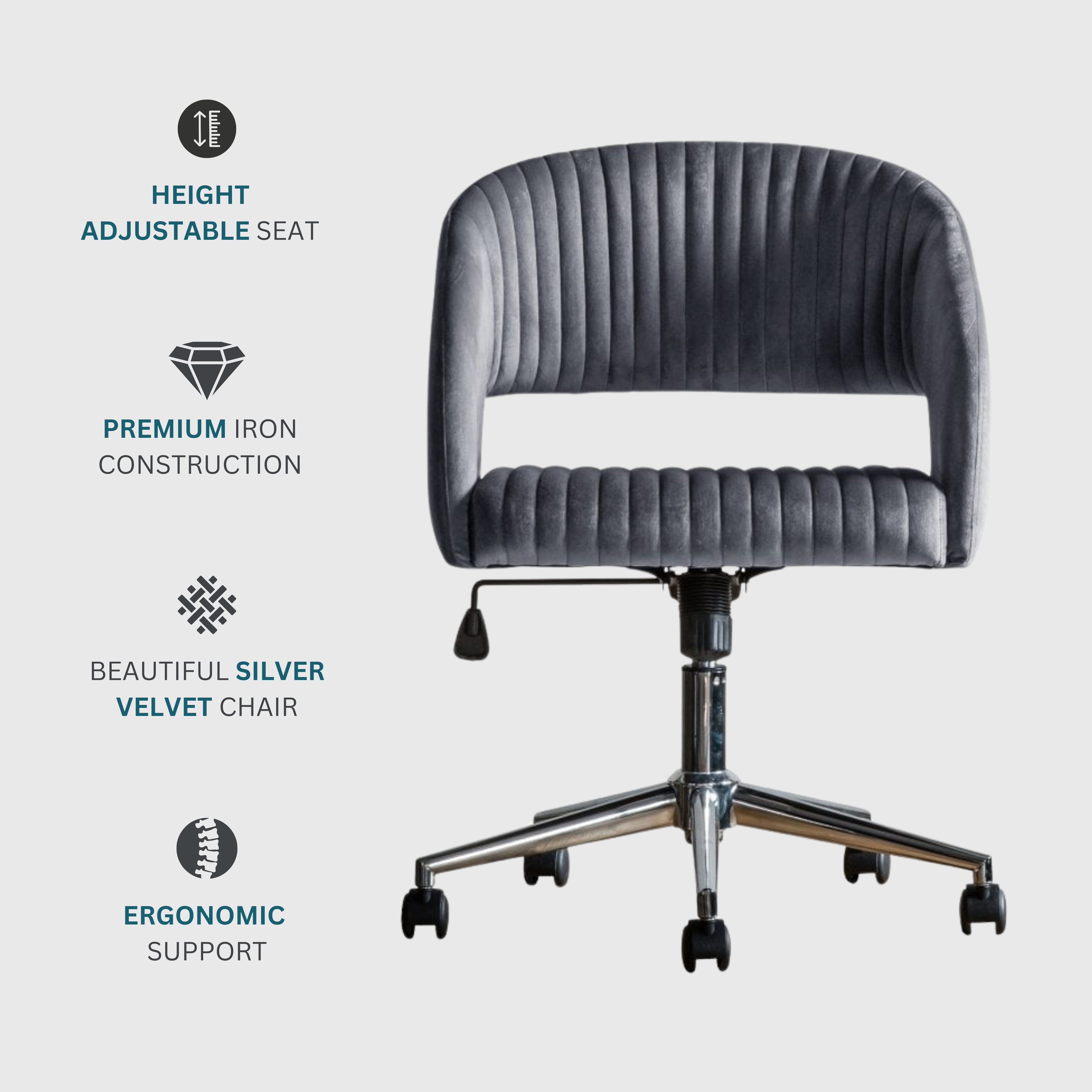 Velvet Swivel Office Chair - Silver