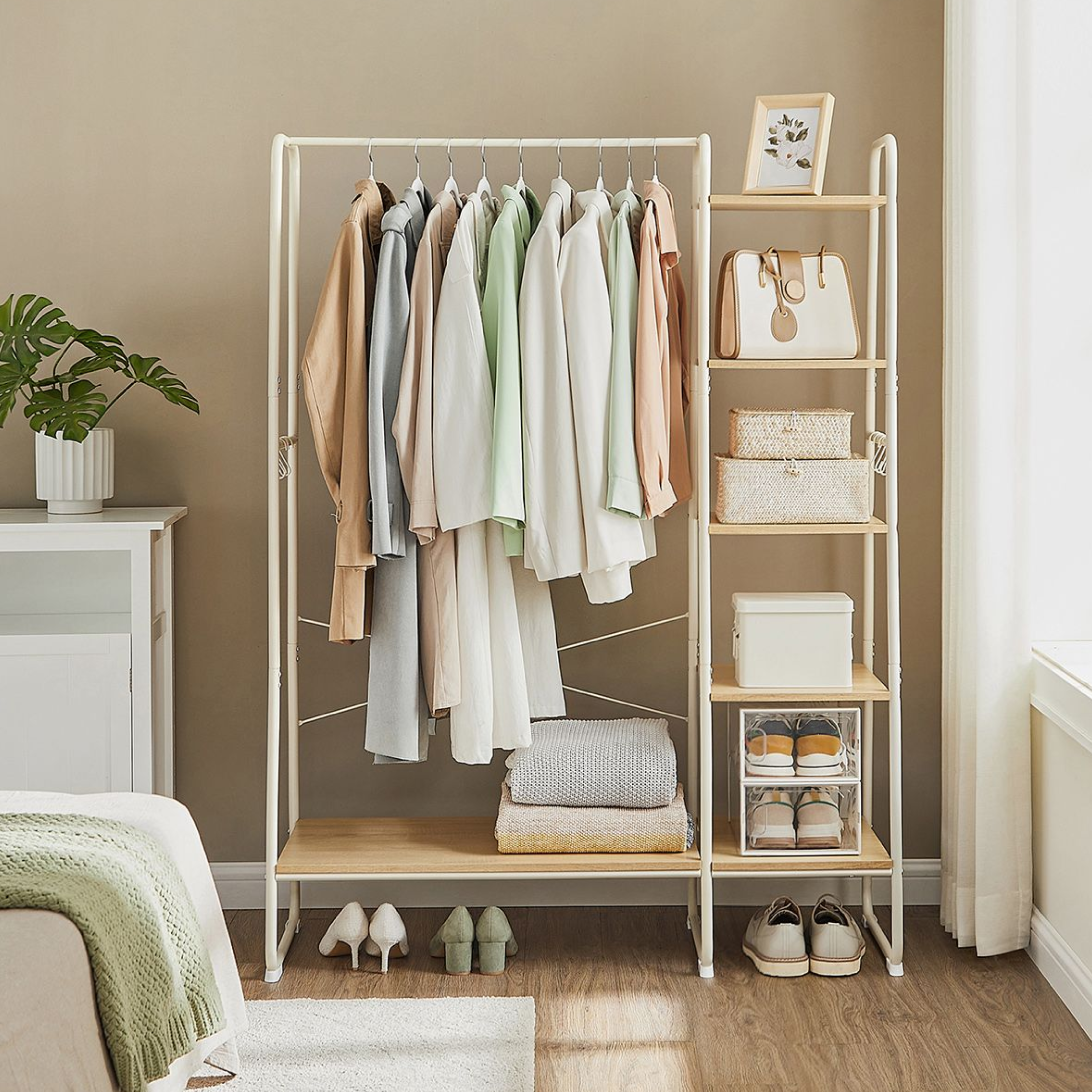 White Steel Hallway Unit with 5 Tier Light Wooden Shelving