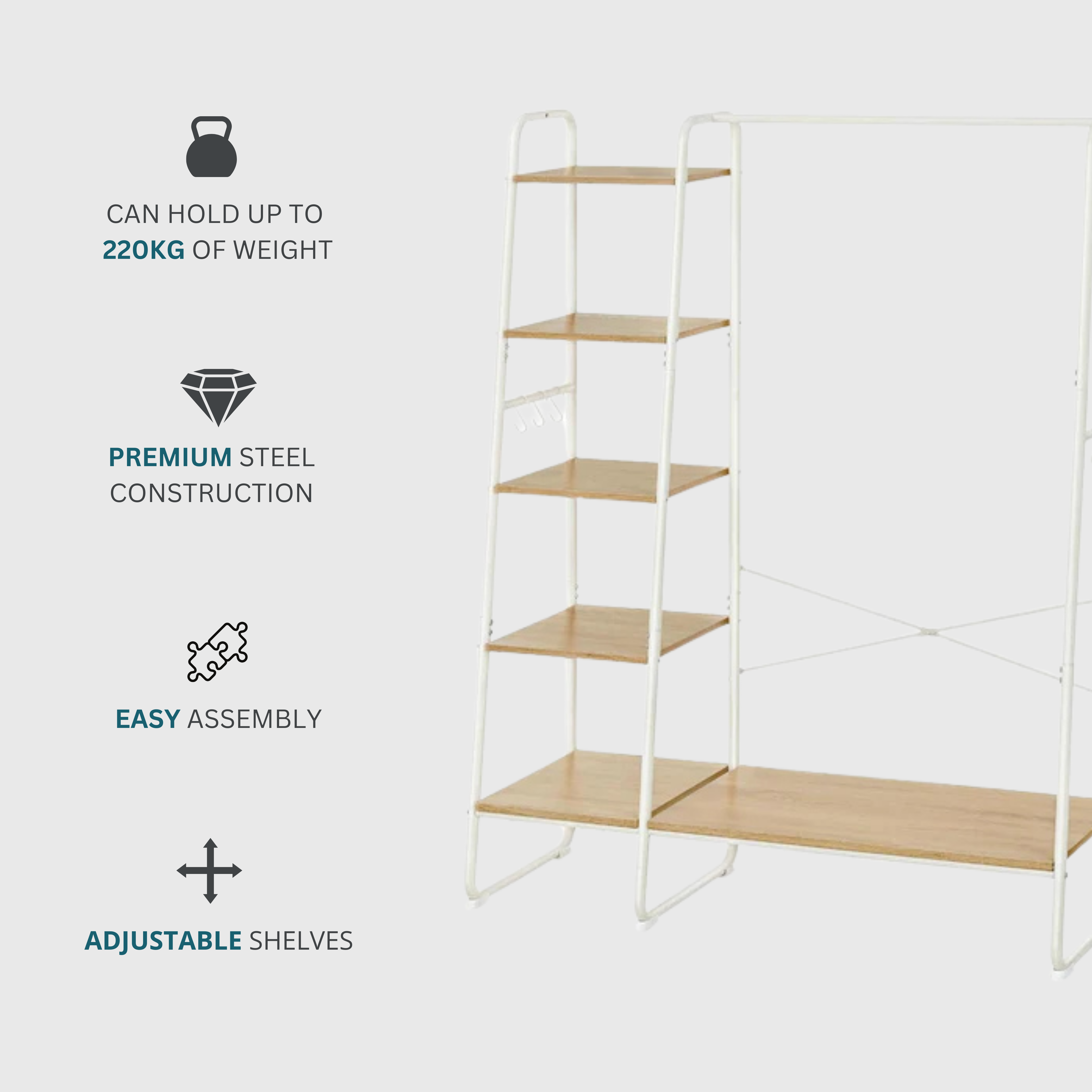 White Steel Hallway Unit with 5 Tier Light Wooden Shelving