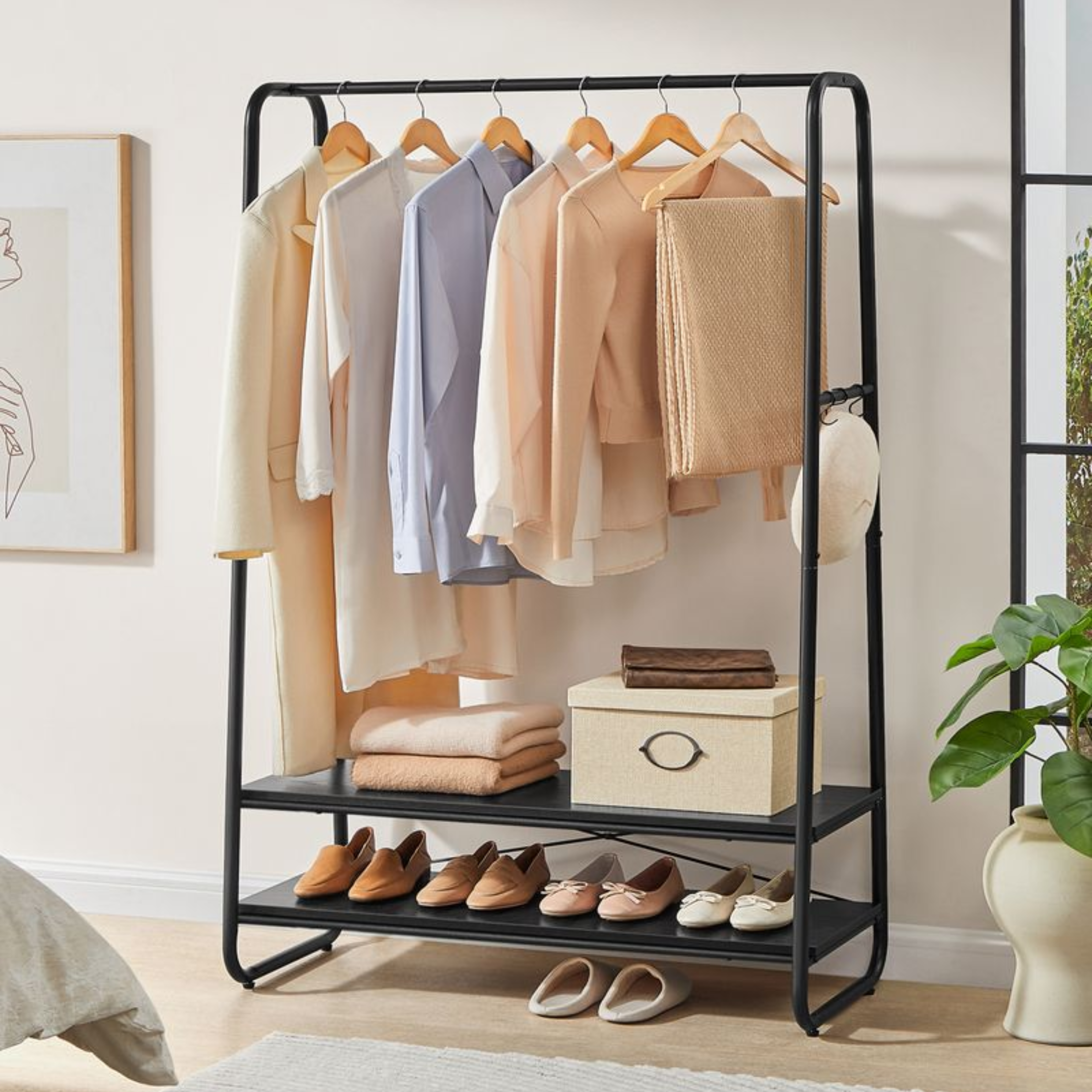 Black Steel Clothing Rack with Stylish Wooden Shelves