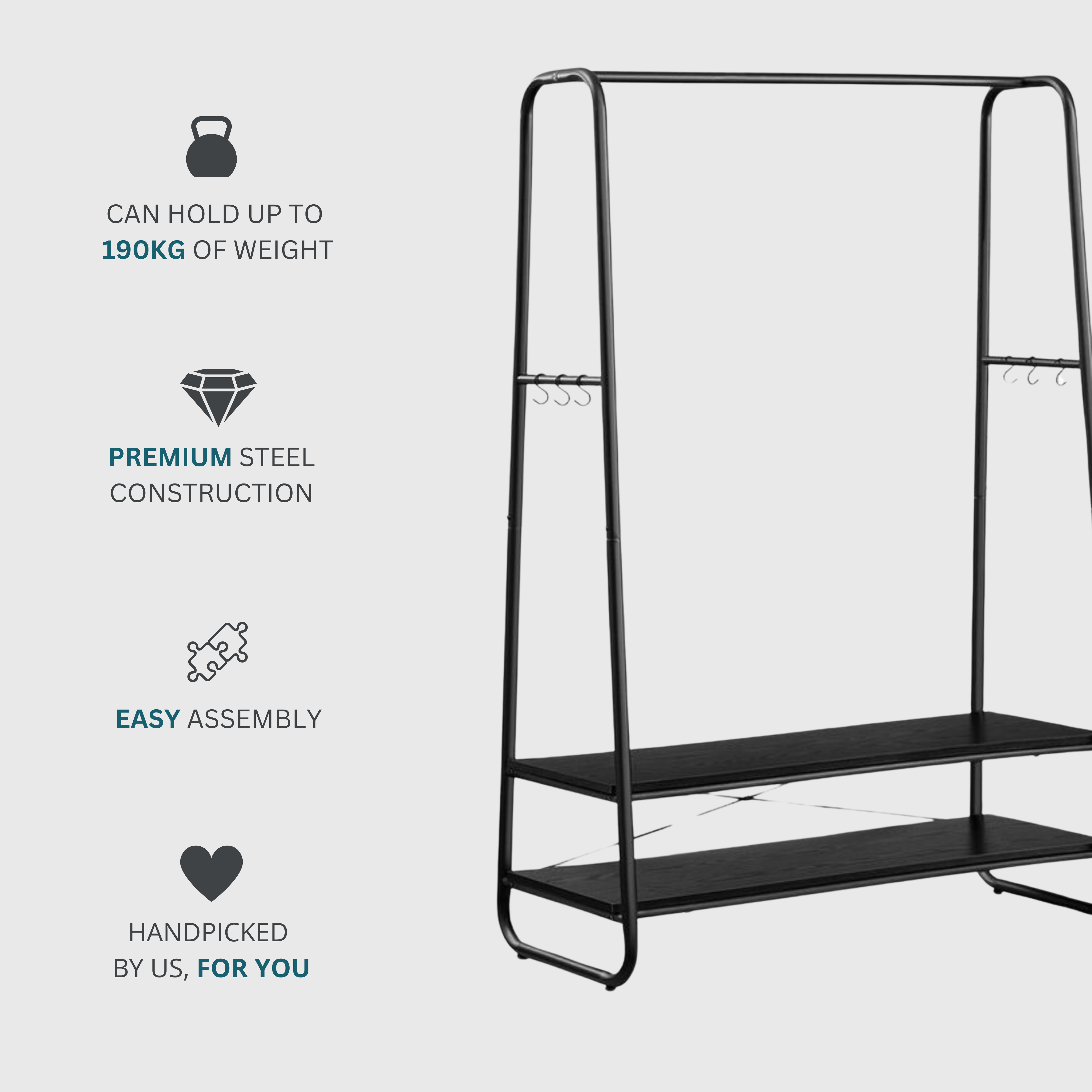 Black Steel Clothing Rack with Stylish Wooden Shelves