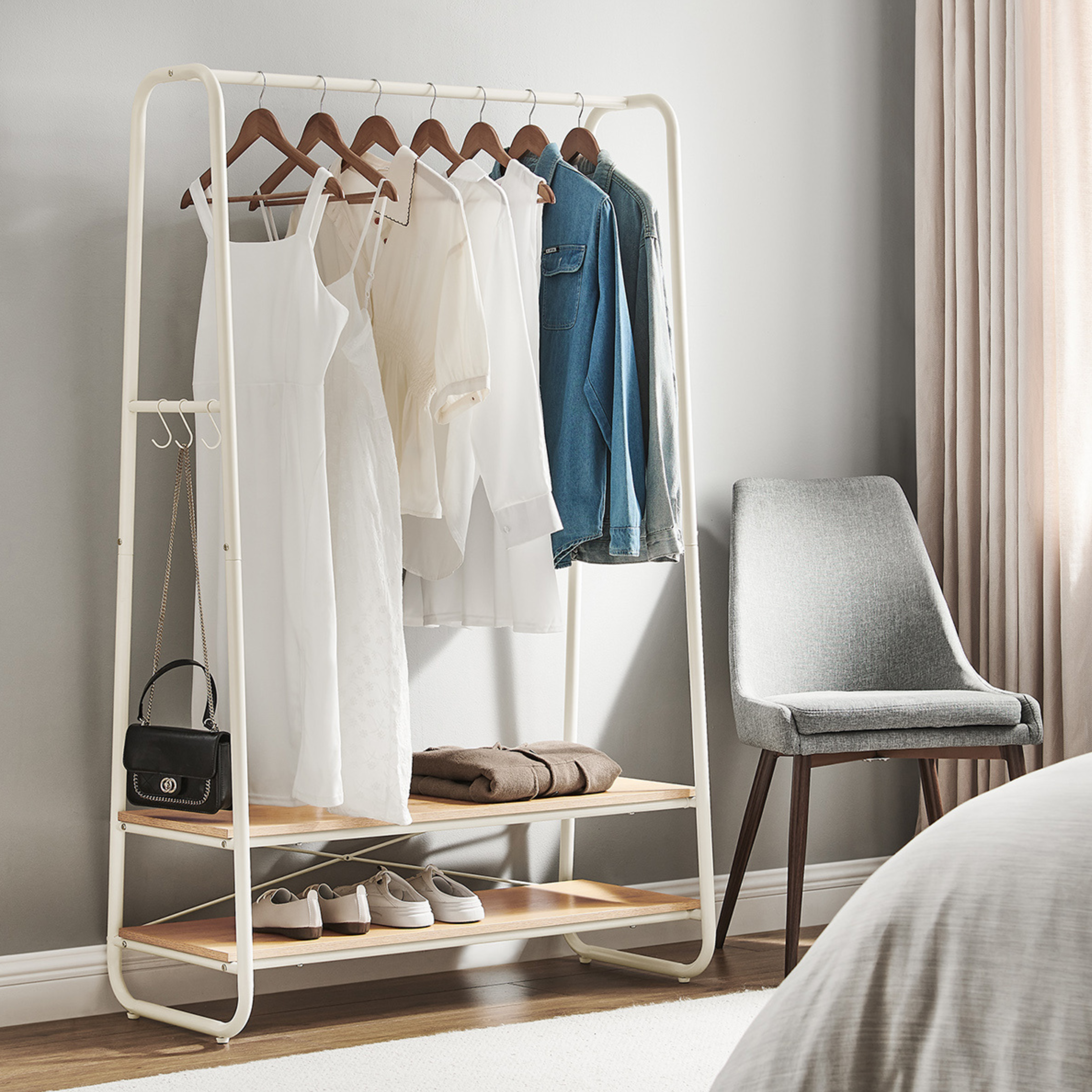 White Steel Clothing Rack with Stylish Wooden Shelves