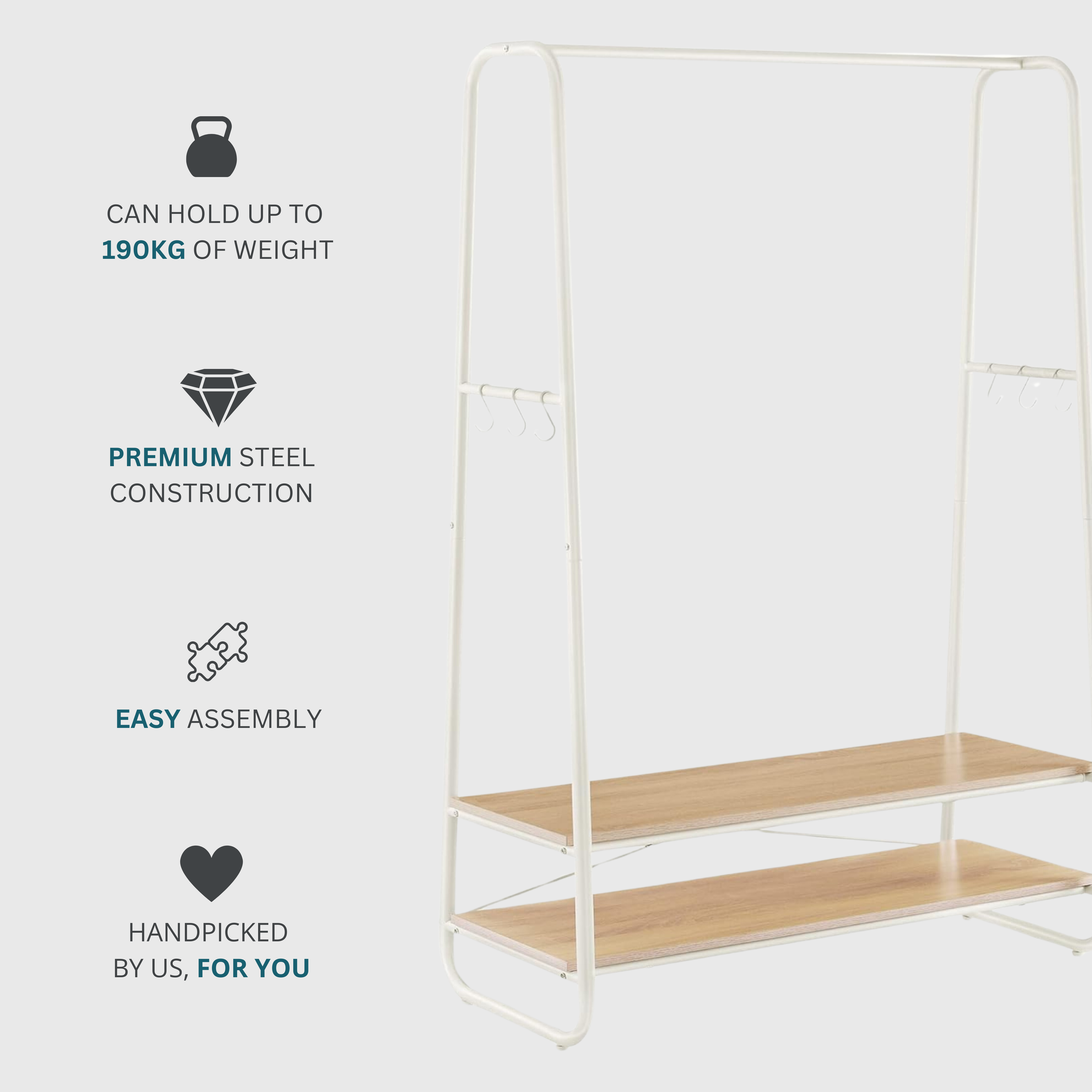 White Steel Clothing Rack with Stylish Wooden Shelves