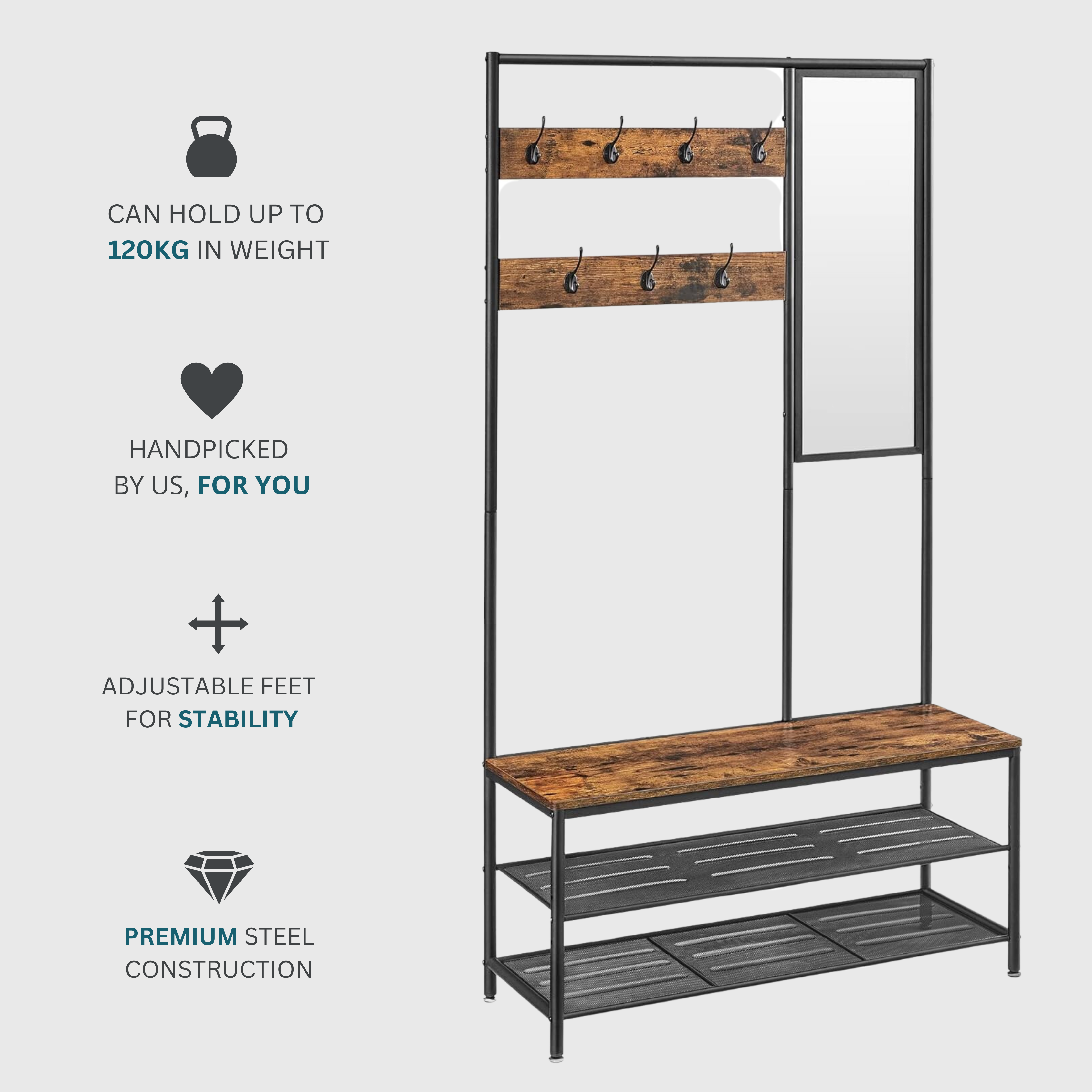 Multifunctional Industrial Style Black Steel Hallway Unit with Shoe Bench and Mirror