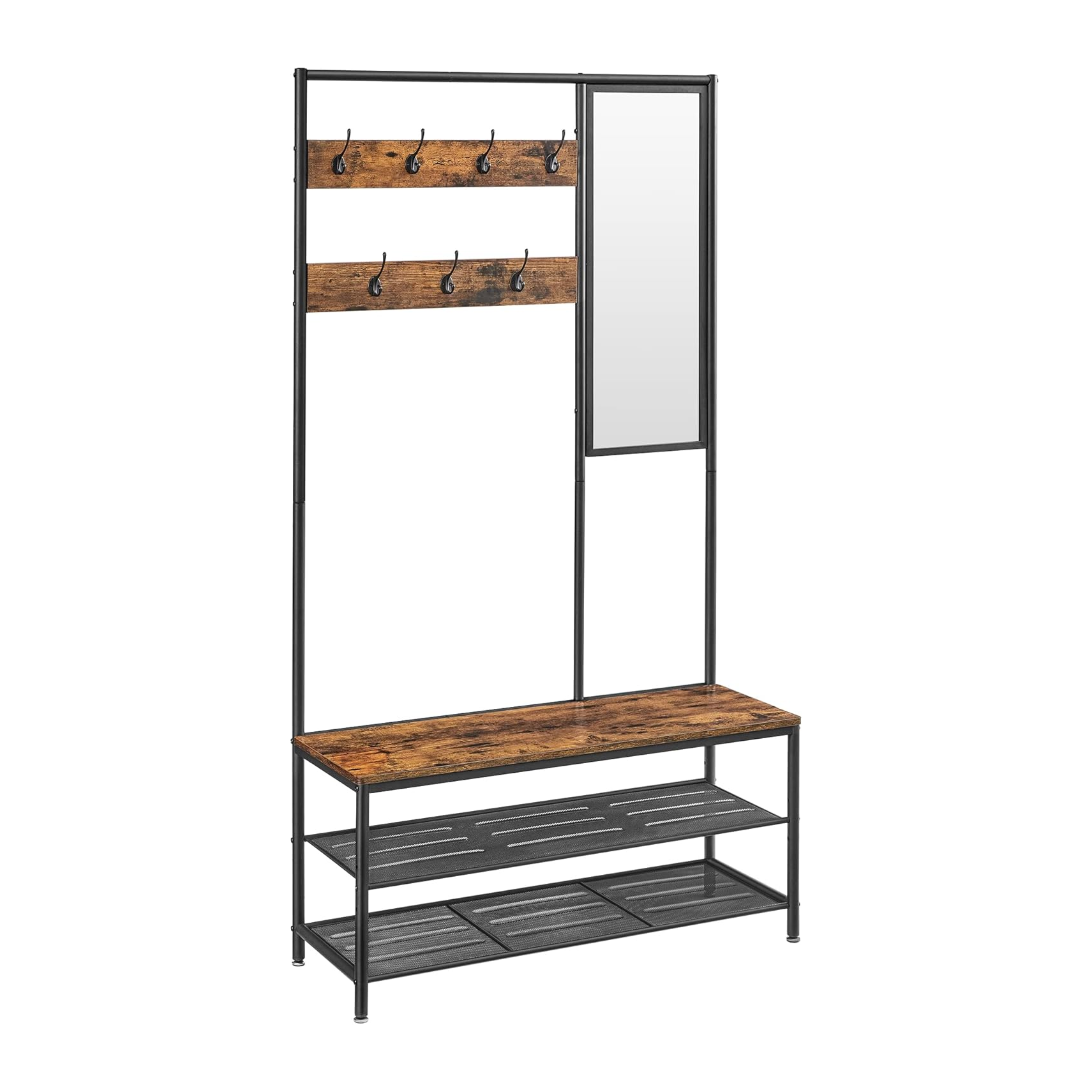 Multifunctional Industrial Style Black Steel Hallway Unit with Shoe Bench and Mirror