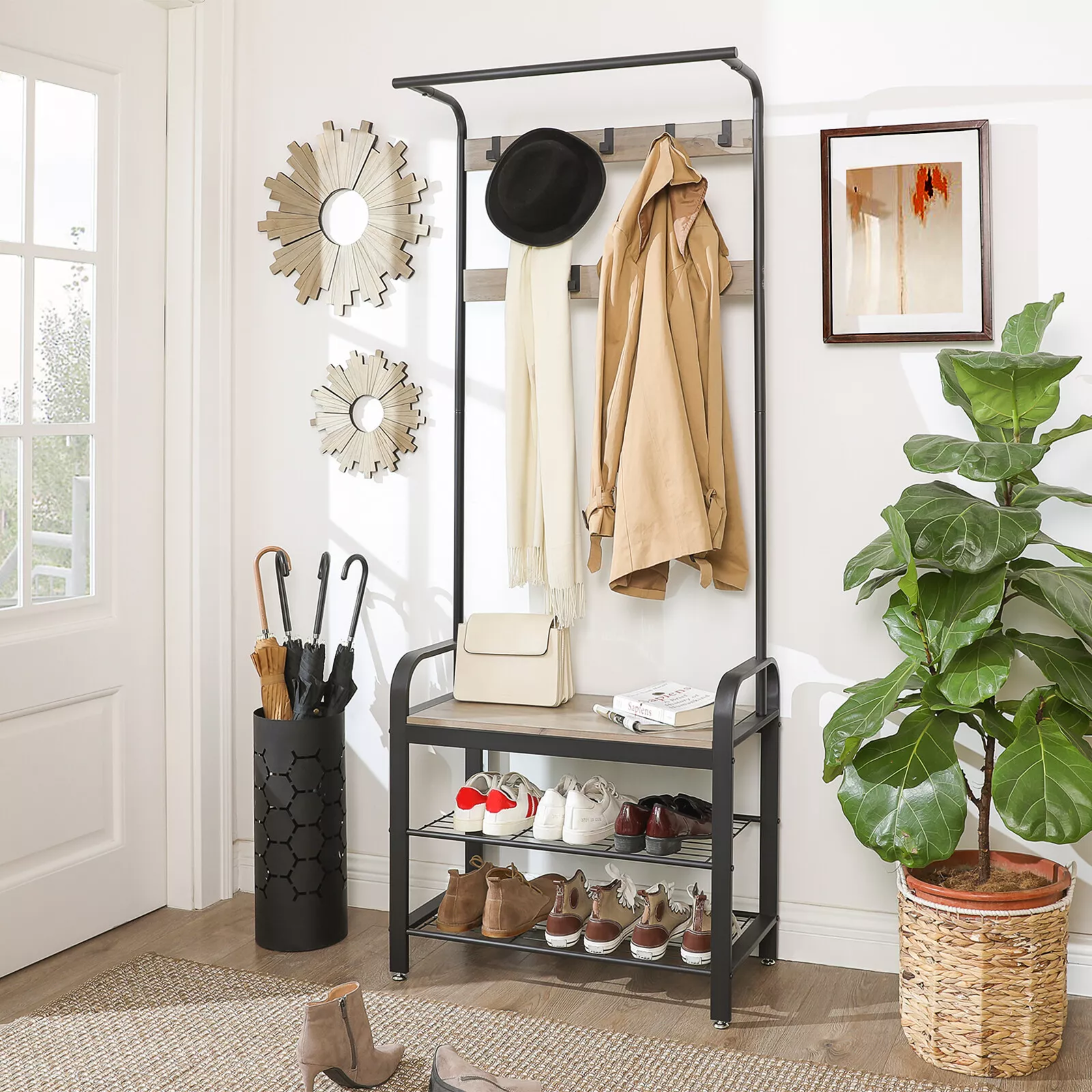 Industrial Style Black and Greige Hallway Unit with Clothes Rail