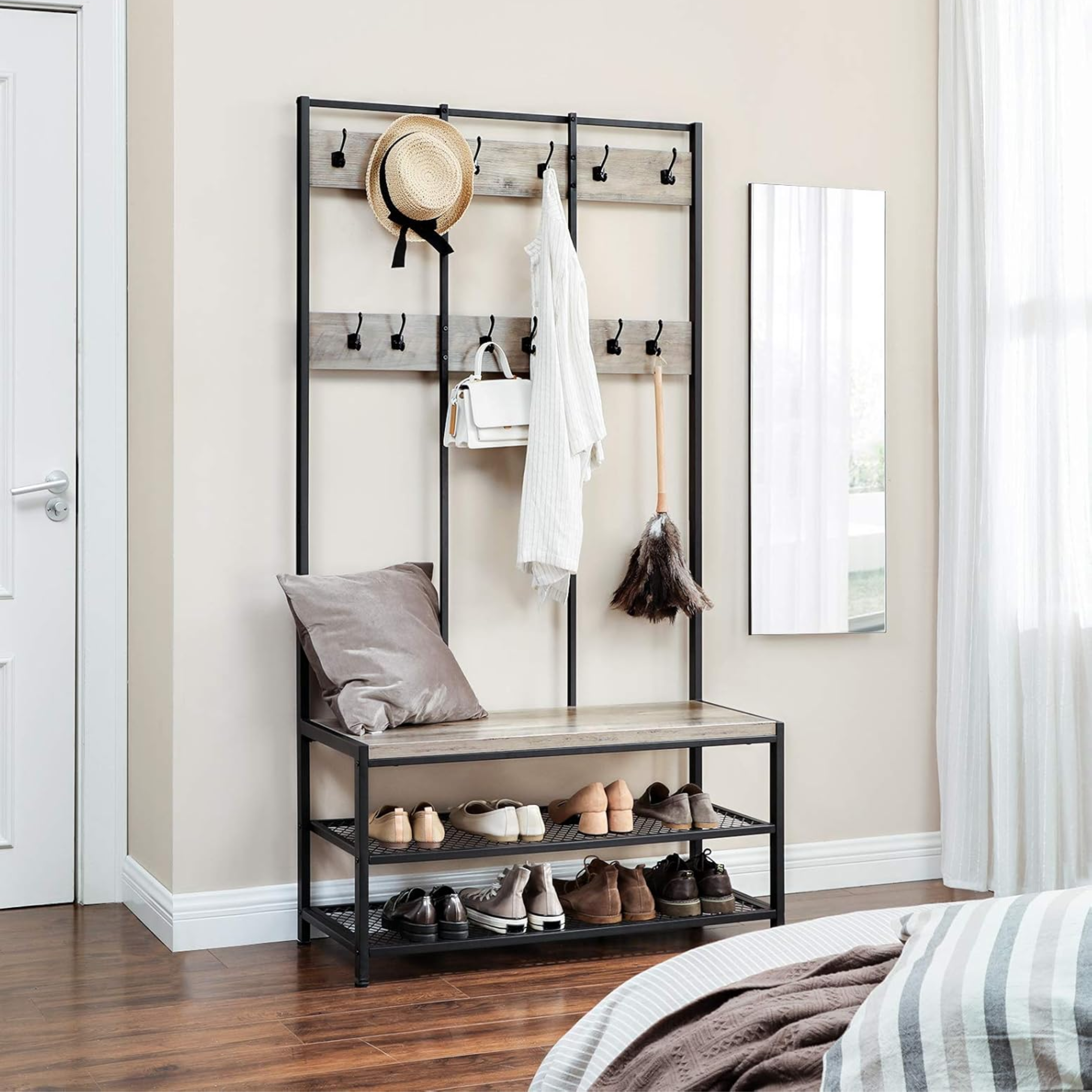 Industrial Style Black and Greige Hallway Unit with 12 Coat Hooks and Shoe Bench