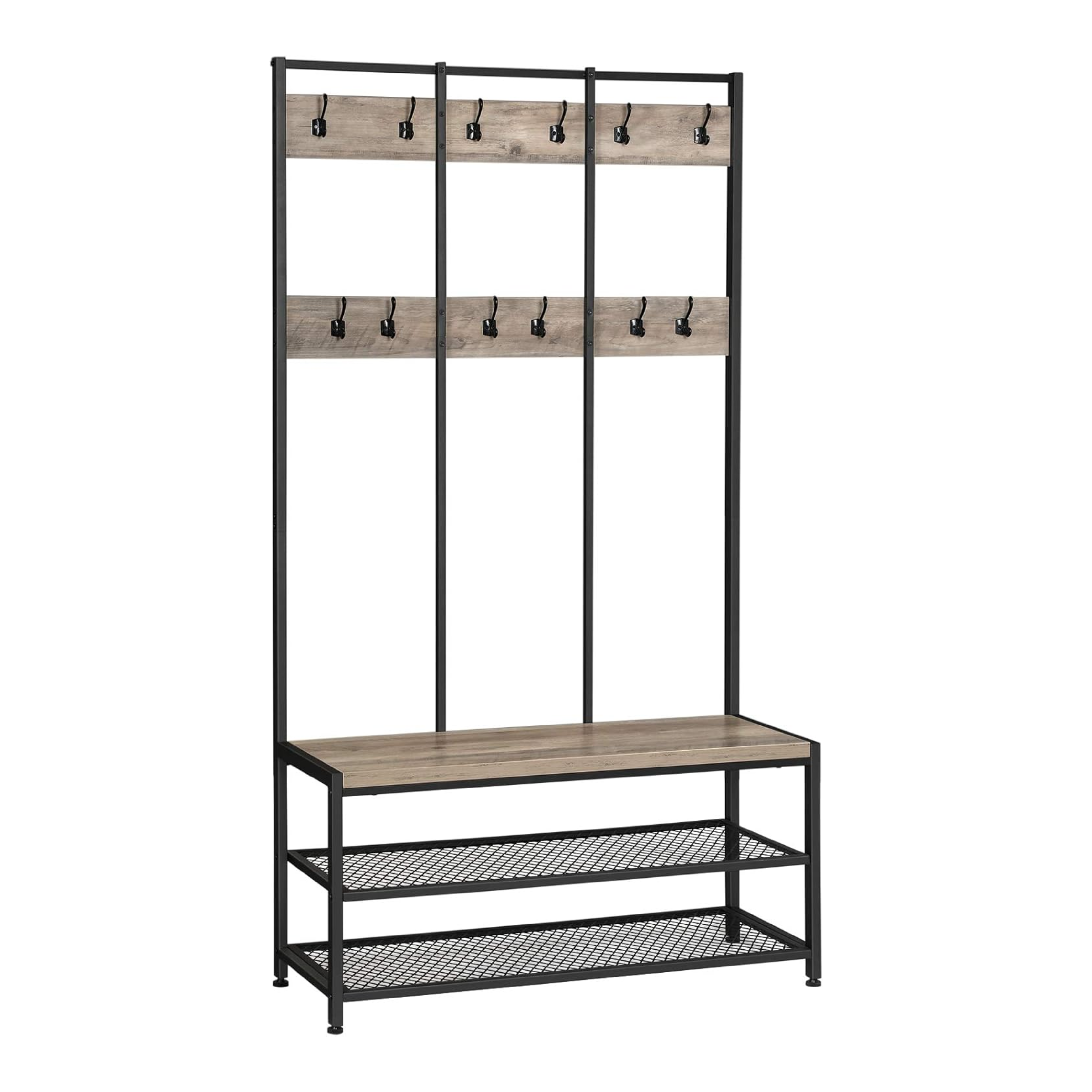 Industrial Style Black and Greige Hallway Unit with 12 Coat Hooks and Shoe Bench