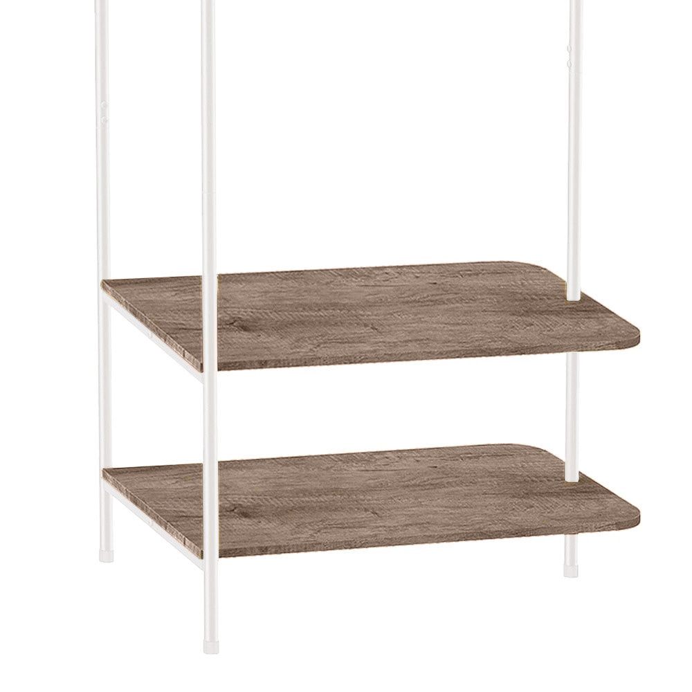 Stylish White Clothing Rack with 2 Light Walnut Brown Finish Wood Shelves