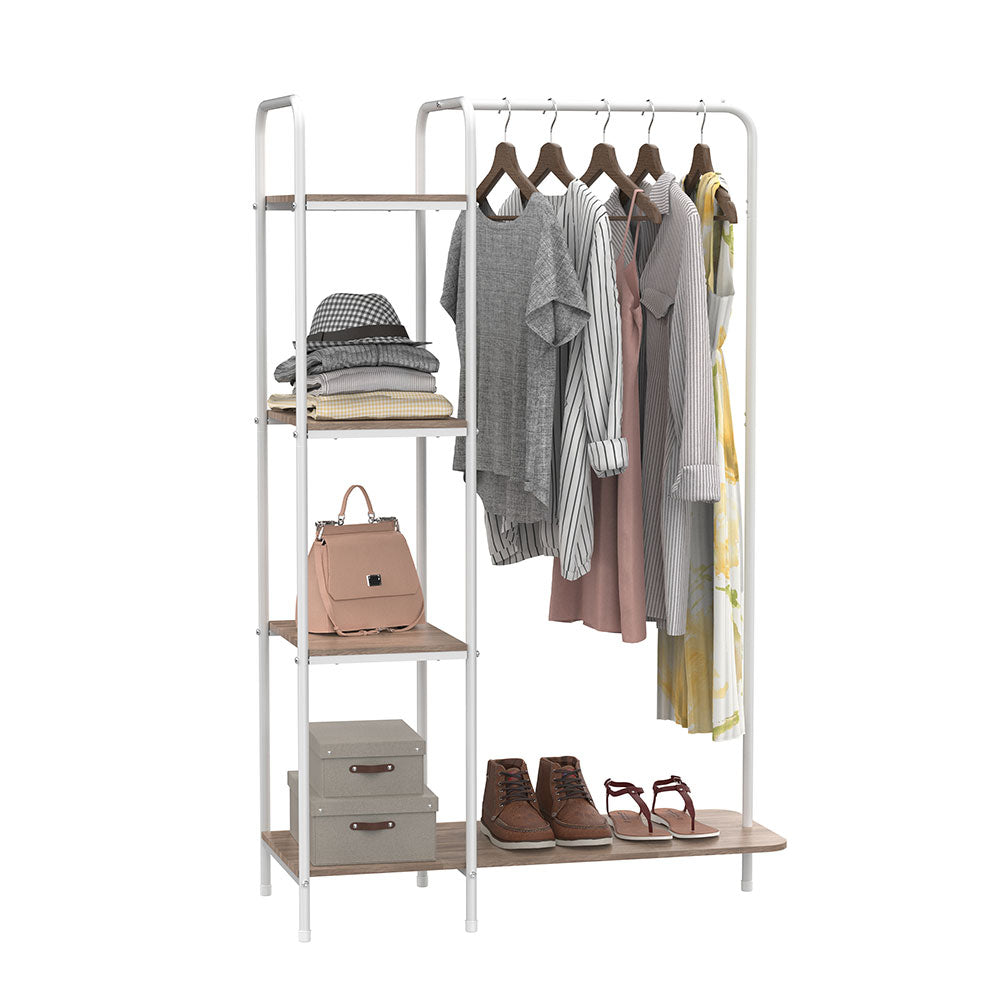 White Clothes Tidy Rail with 4 Light Walnut Brown Finish Shelves and Shoe Rack