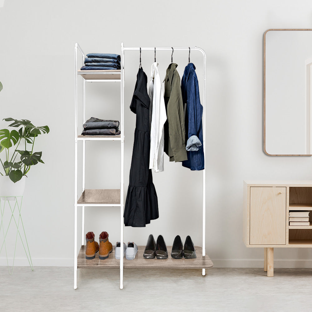 White Clothes Tidy Rail with 4 Light Walnut Brown Finish Shelves and Shoe Rack