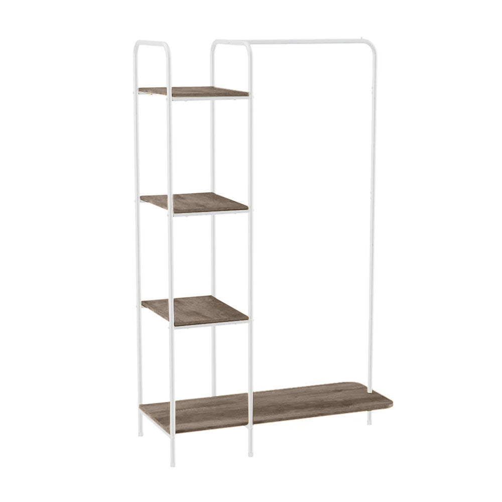 White Clothes Tidy Rail with 4 Light Walnut Brown Finish Shelves and Shoe Rack