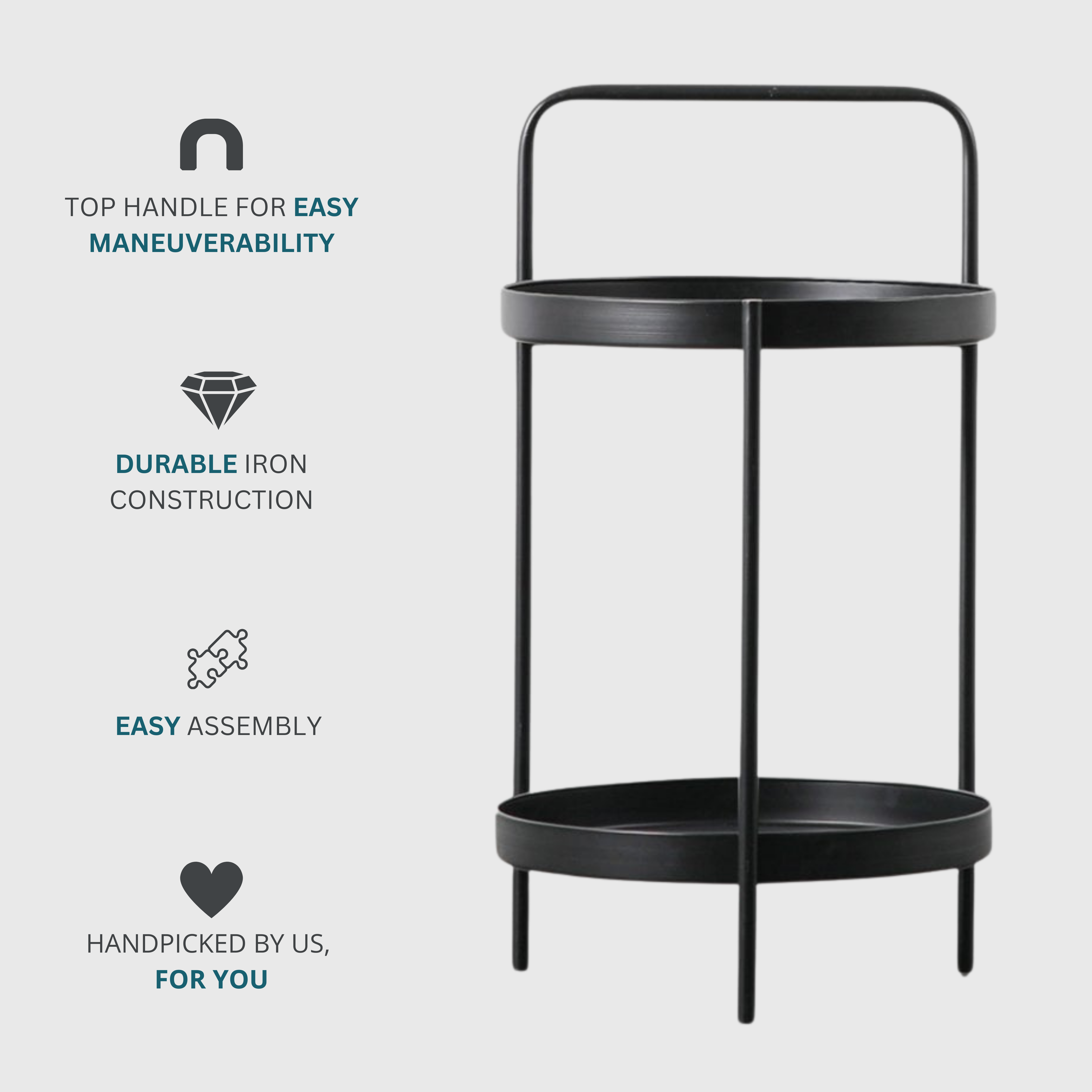 2 Tier Round Iron Side Table with Handle - Black