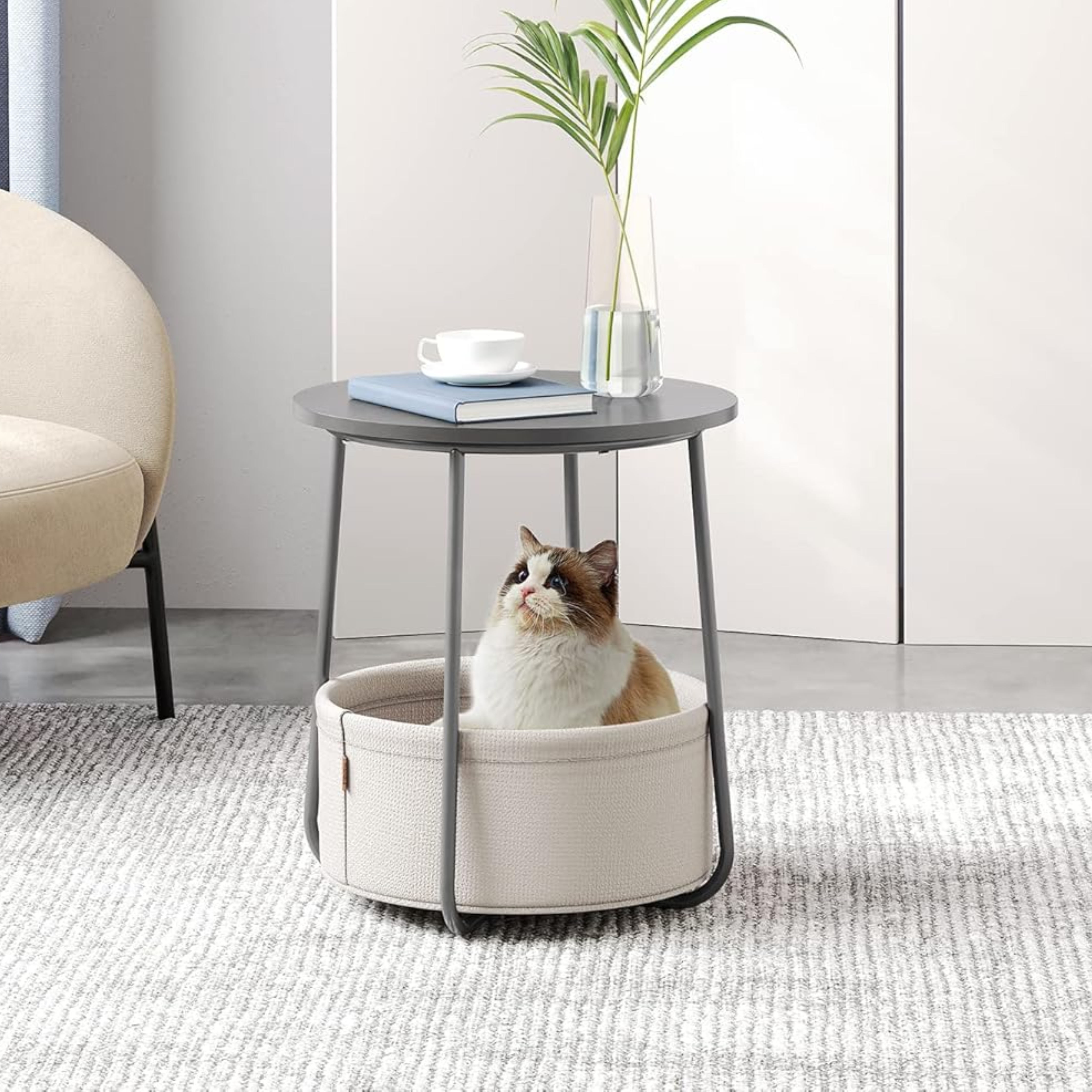 Round Grey Wooden Side Table with Storage Basket