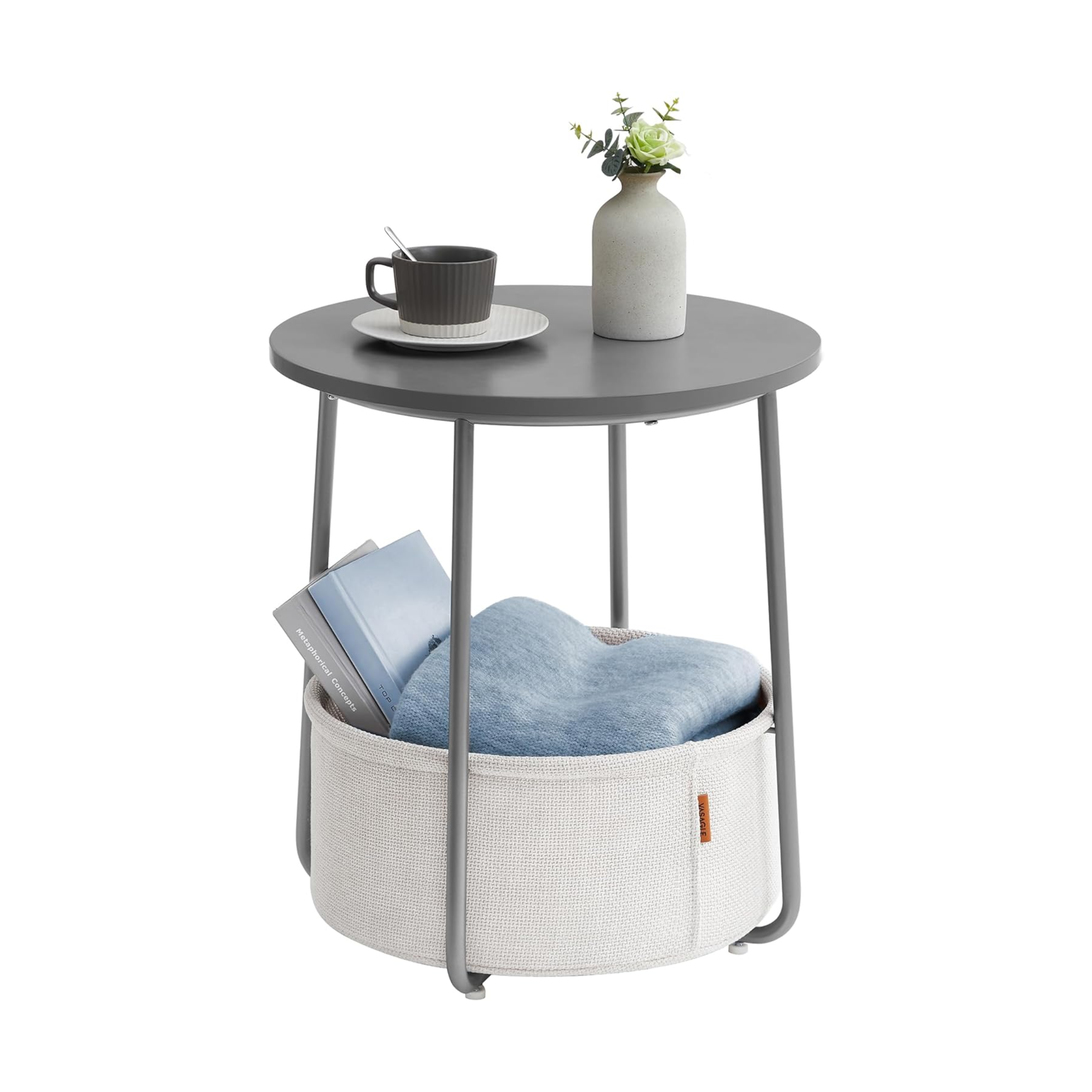 Round Grey Wooden Side Table with Storage Basket