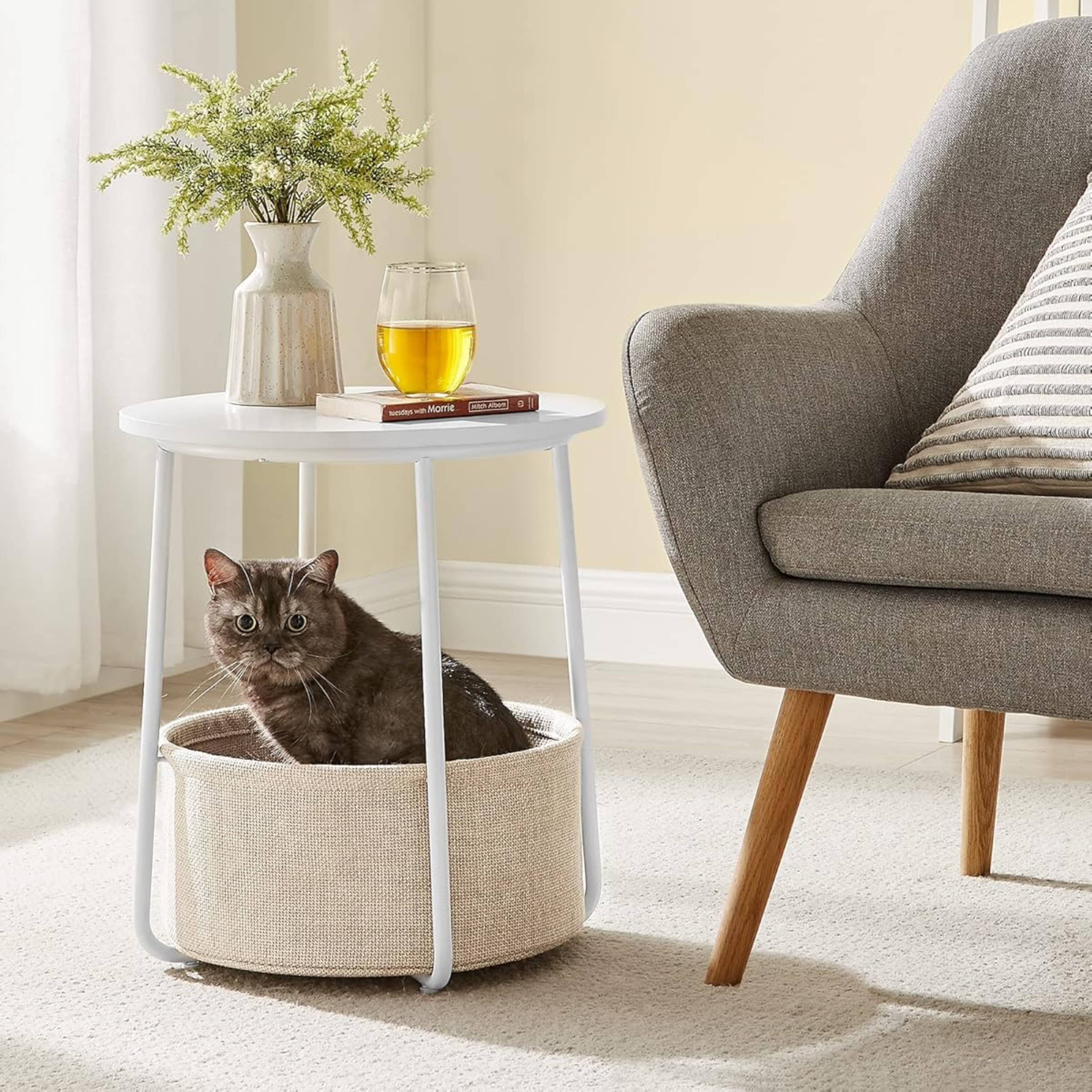 Round White Wooden Side Table with Storage Basket