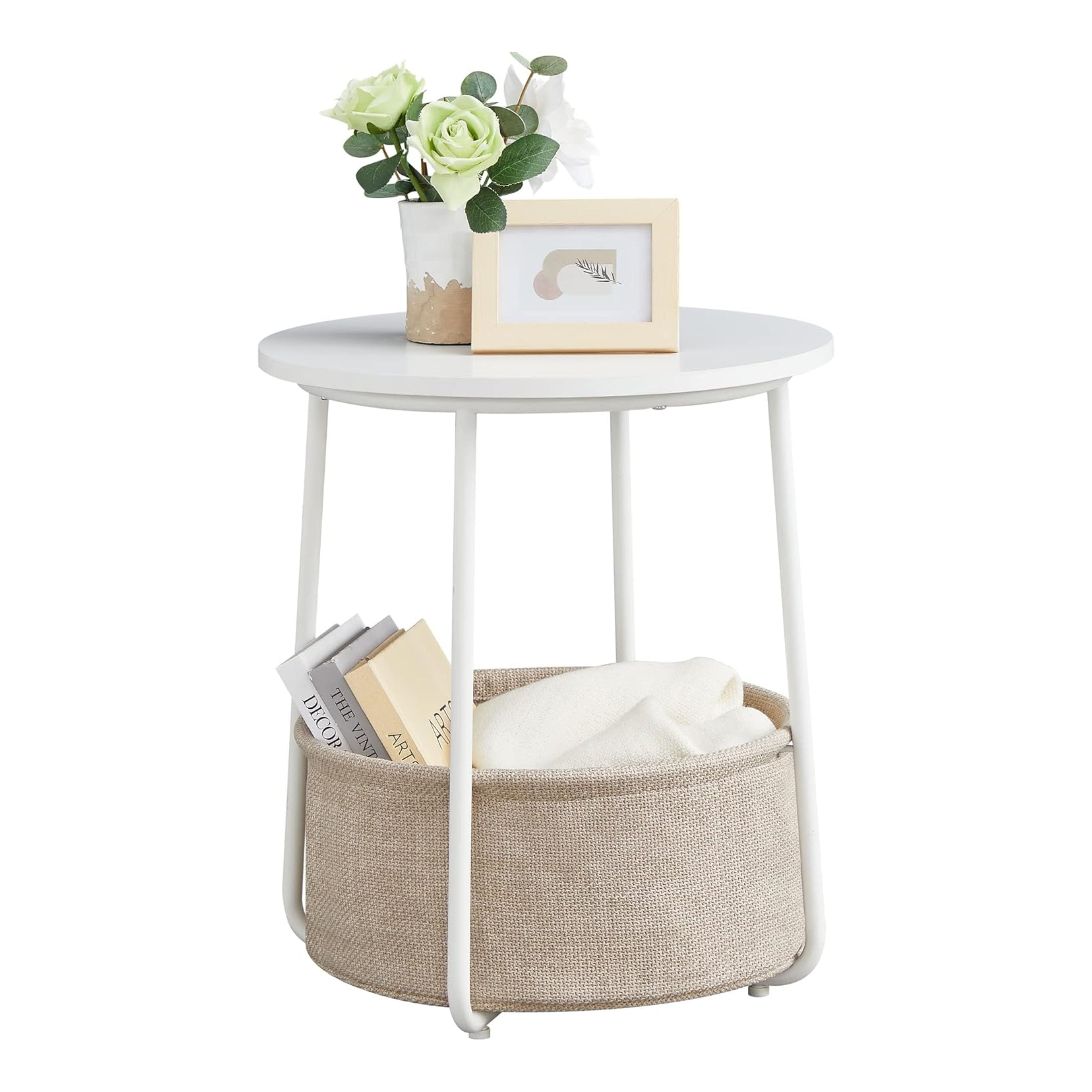 Round White Wooden Side Table with Storage Basket