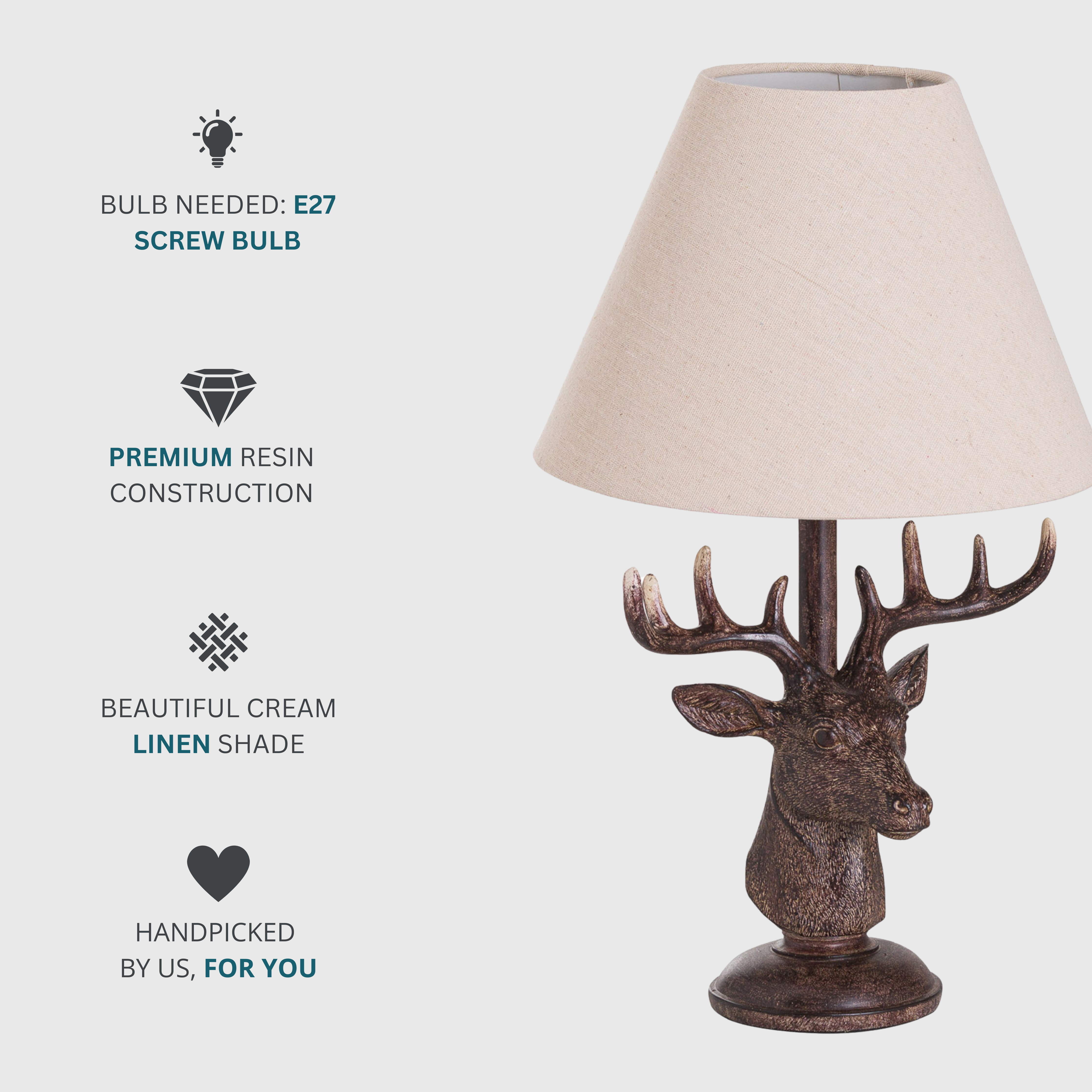 Country Style Stag Table Lamp with Cream Linen Shade