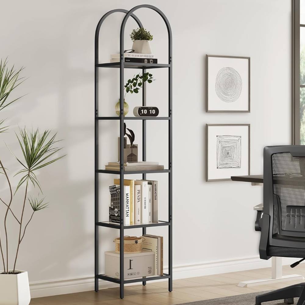 Black 5-Tier Arched Glass and Metal Shelving Unit