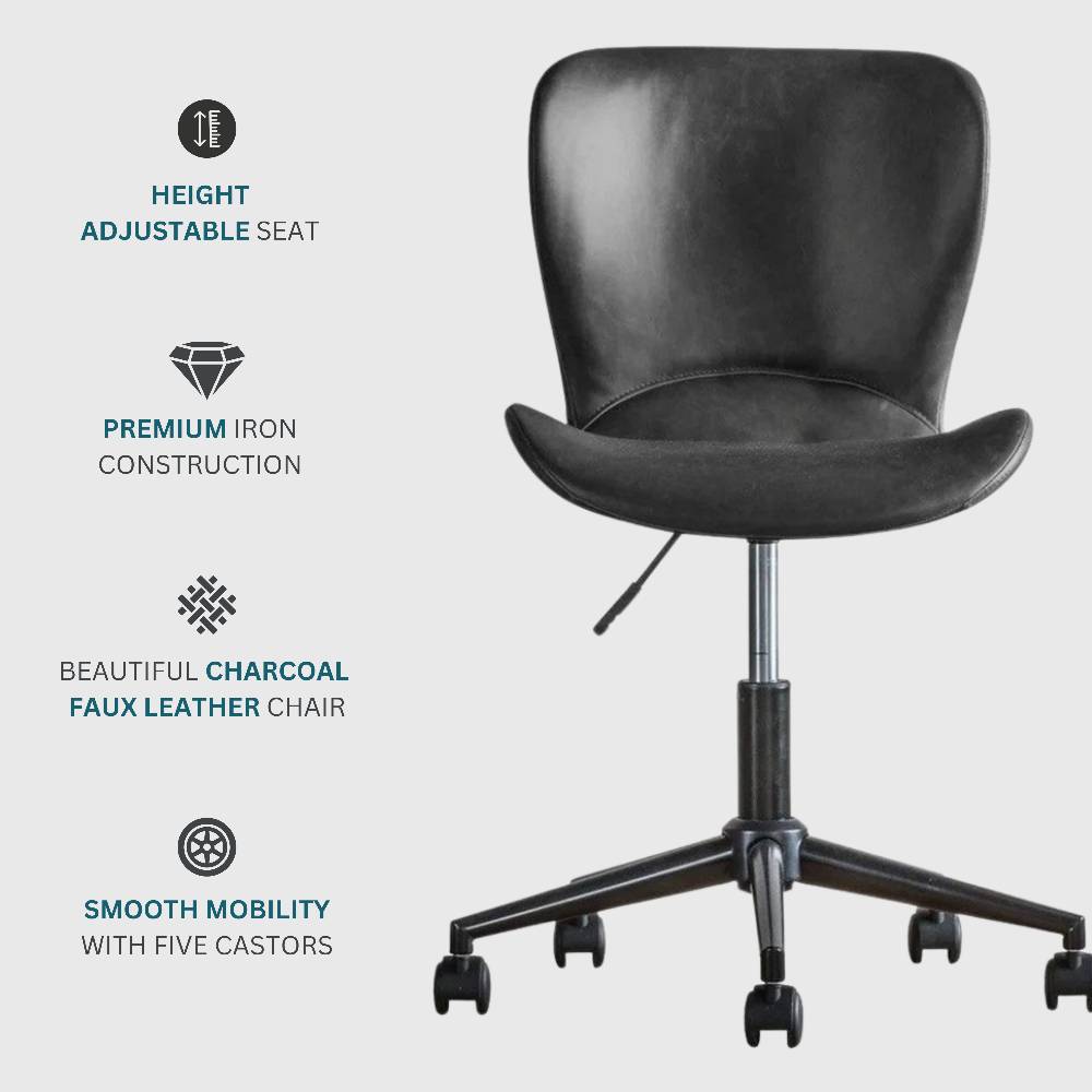 Comfortable and stylish black faux leather office chair with a 360-degree swivel function for easy movement.
