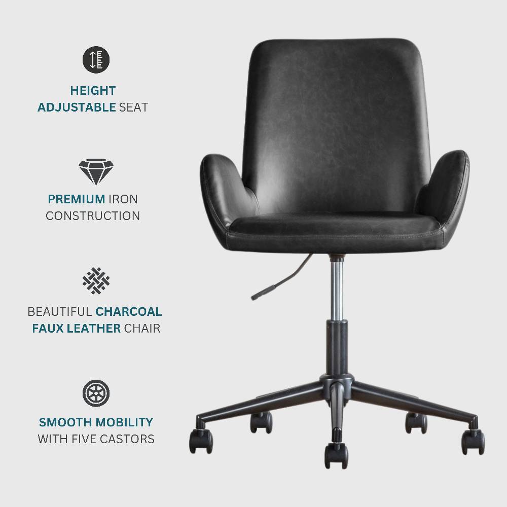 Sleek and comfortable charcoal faux leather office chair with armrests, perfect for home or professional offices.
