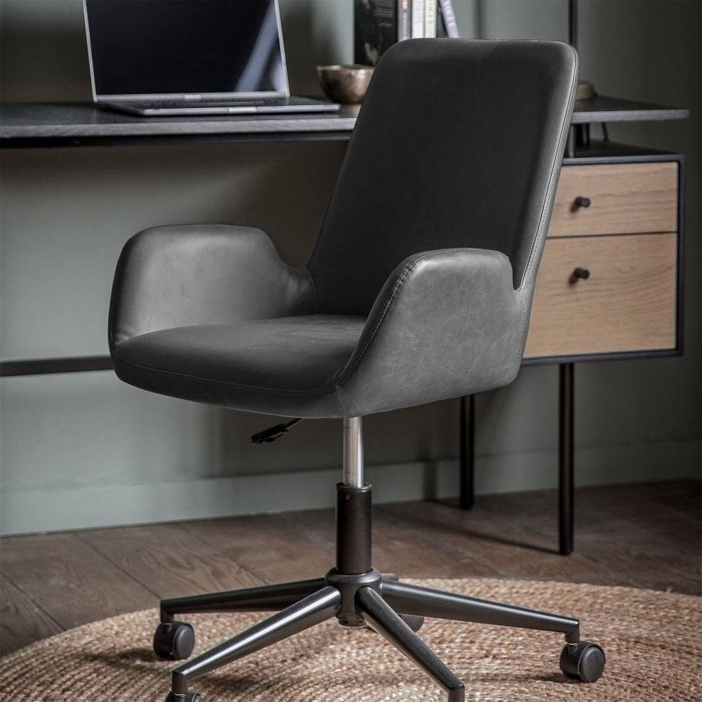 Stylish charcoal faux leather swivel office chair with armrests, offering comfort and a modern touch to any workspace.
