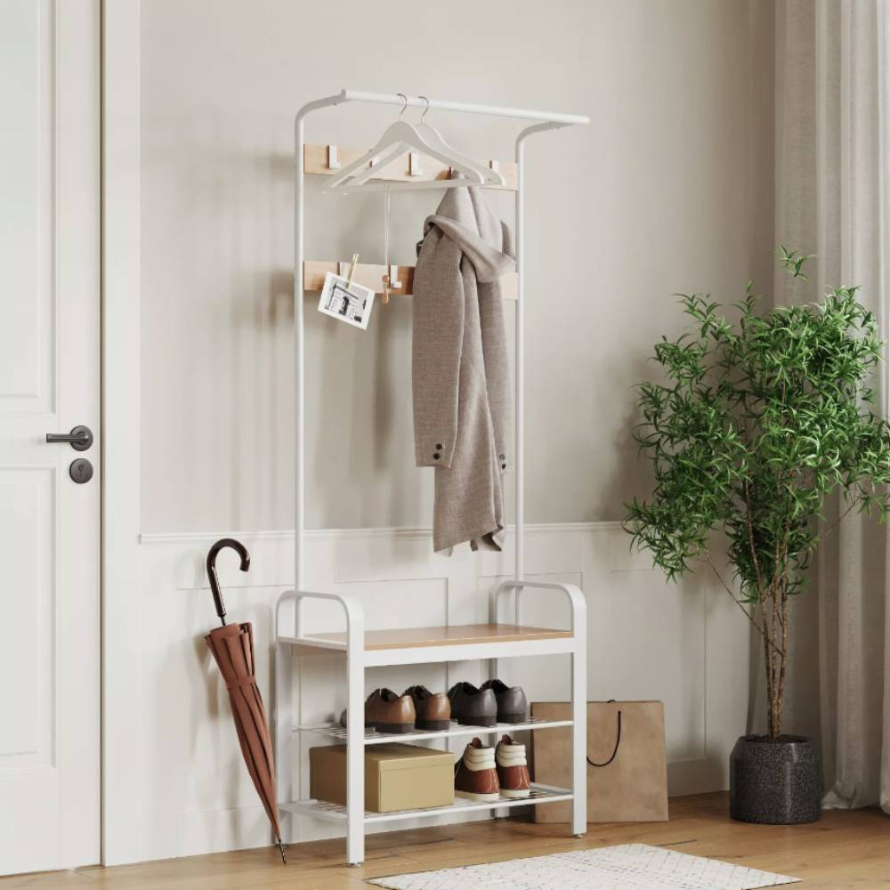 Stylish cream steel hallway unit featuring a sturdy clothes rail and multiple hooks for organised storage.
