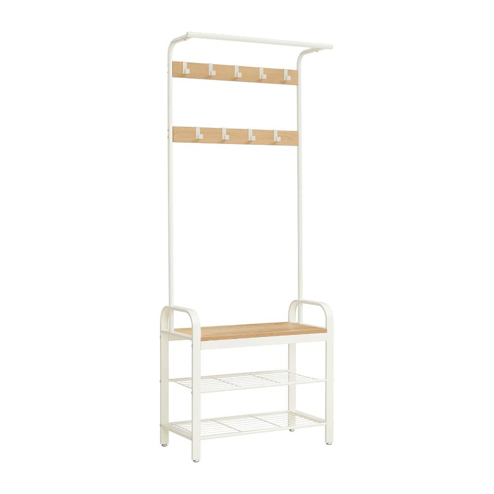 Elegant cream-coloured steel hallway unit with a built-in clothes rail and handy hooks for hanging items.
