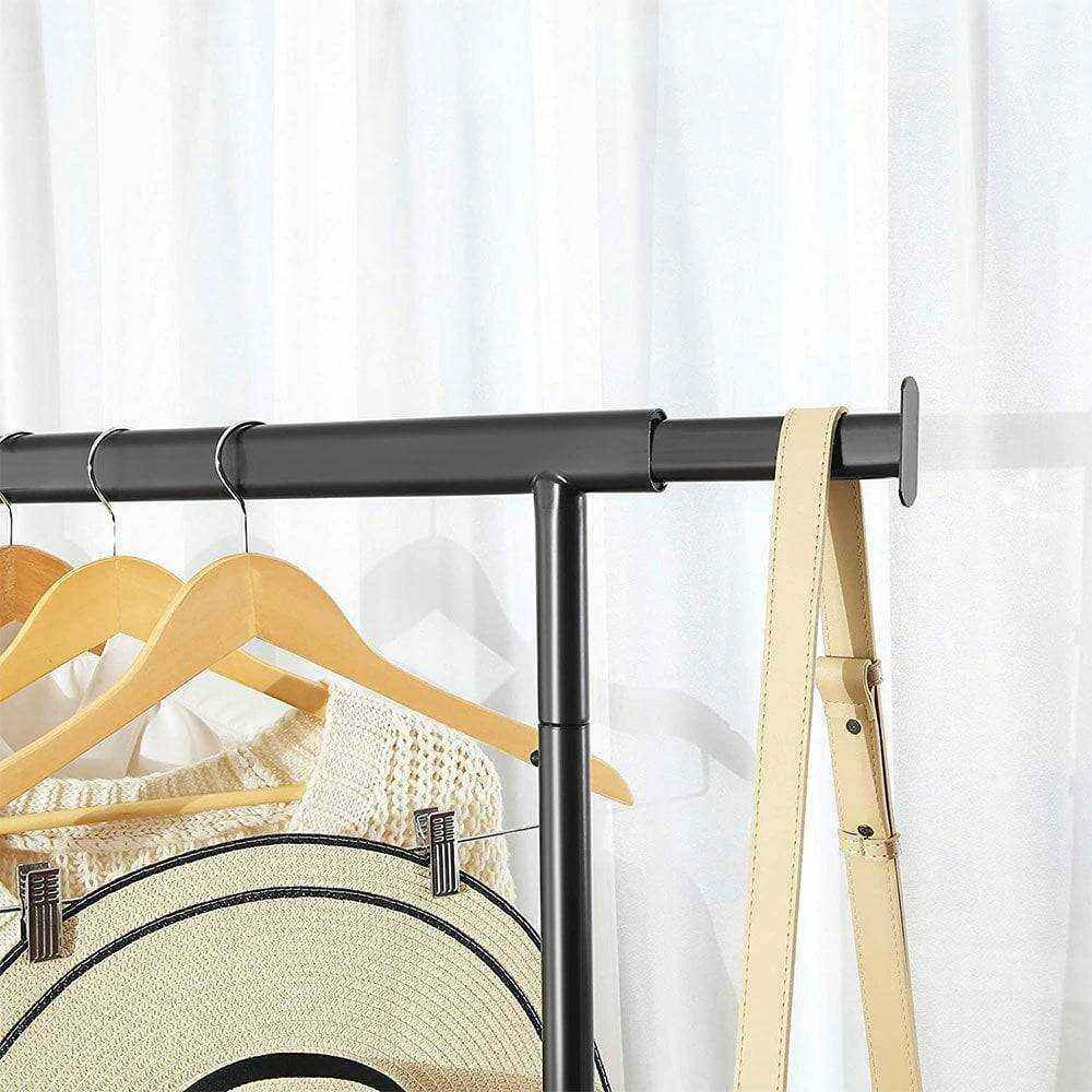 Modern black extendable clothing rail with lower shelf for shoes and accessories.
