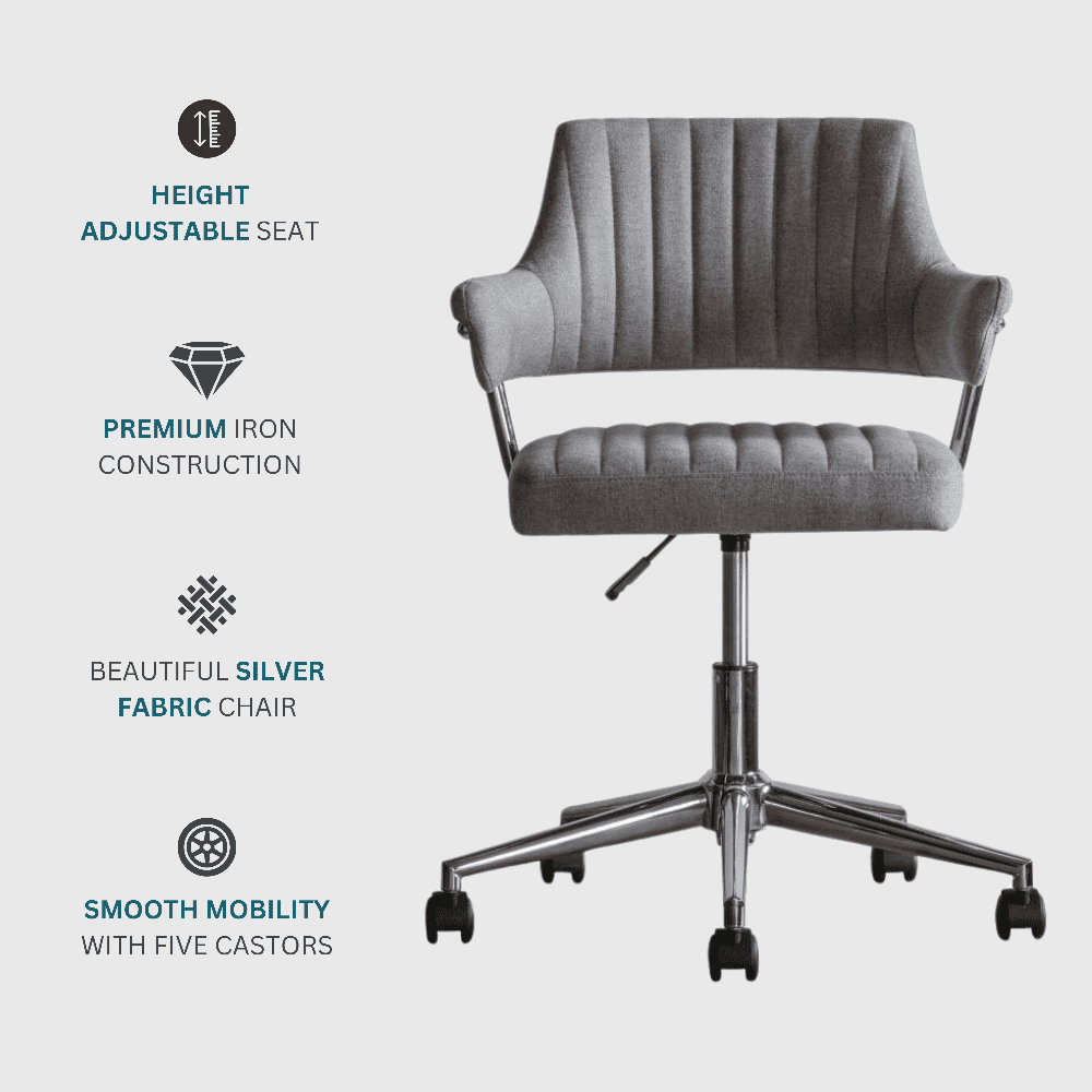 Elegant and sturdy grey swivel chair designed for home offices, featuring plush upholstery, stylish stitch detailing, and height adjustability for maximum comfort.
