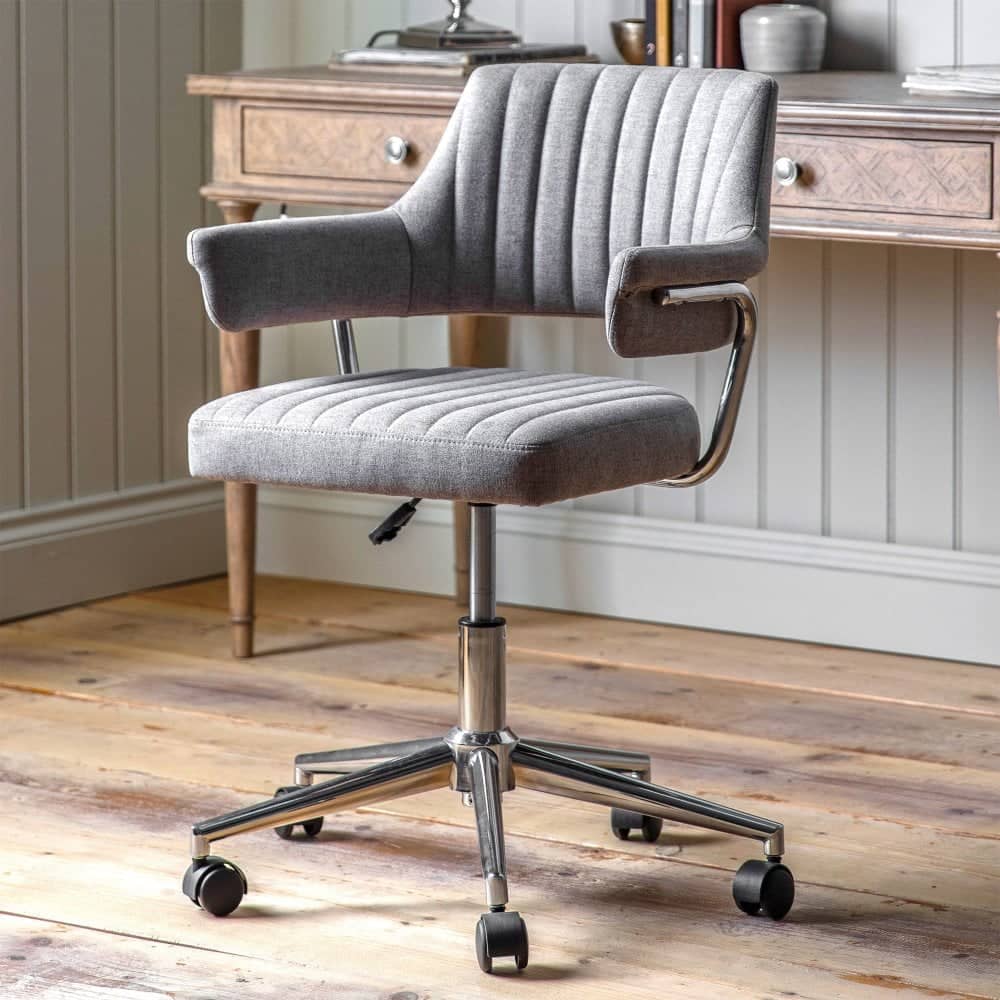 Stylish and modern grey upholstered swivel office chair with adjustable seat height and smooth mobility, perfect for enhancing your home office setup.
