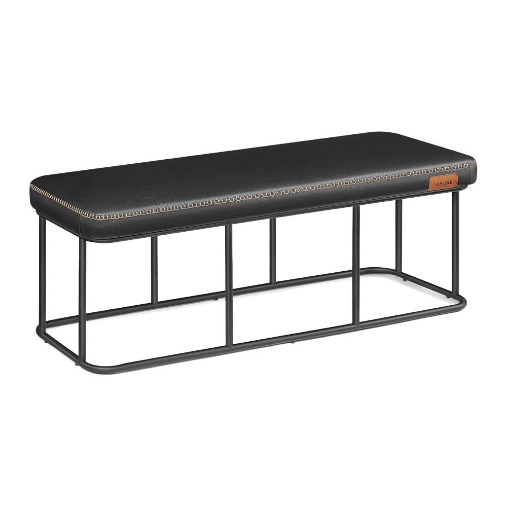 Black faux leather hallway bench in an industrial design, featuring a sleek cushioned seat and robust metal legs for a modern touch to any space.
