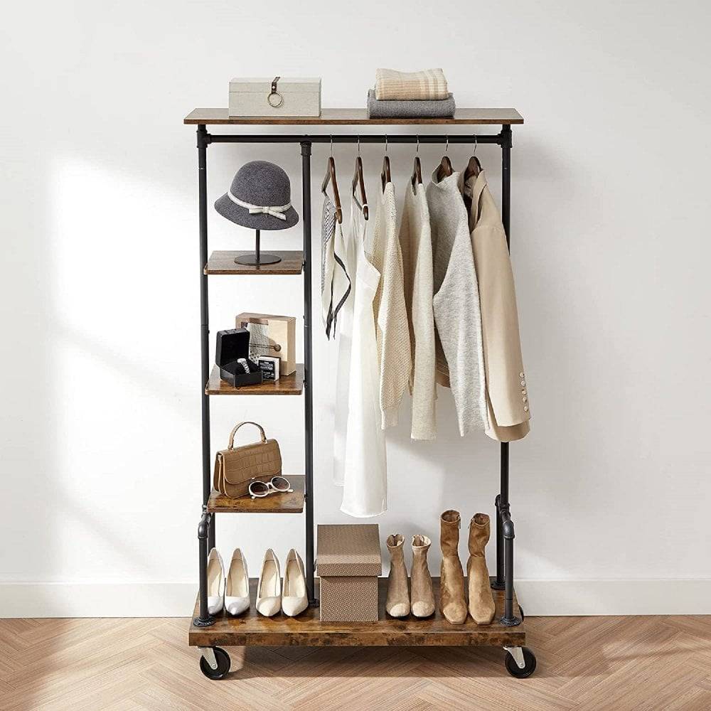 Mobile industrial clothing rack with sturdy metal frame and lockable wheels.
